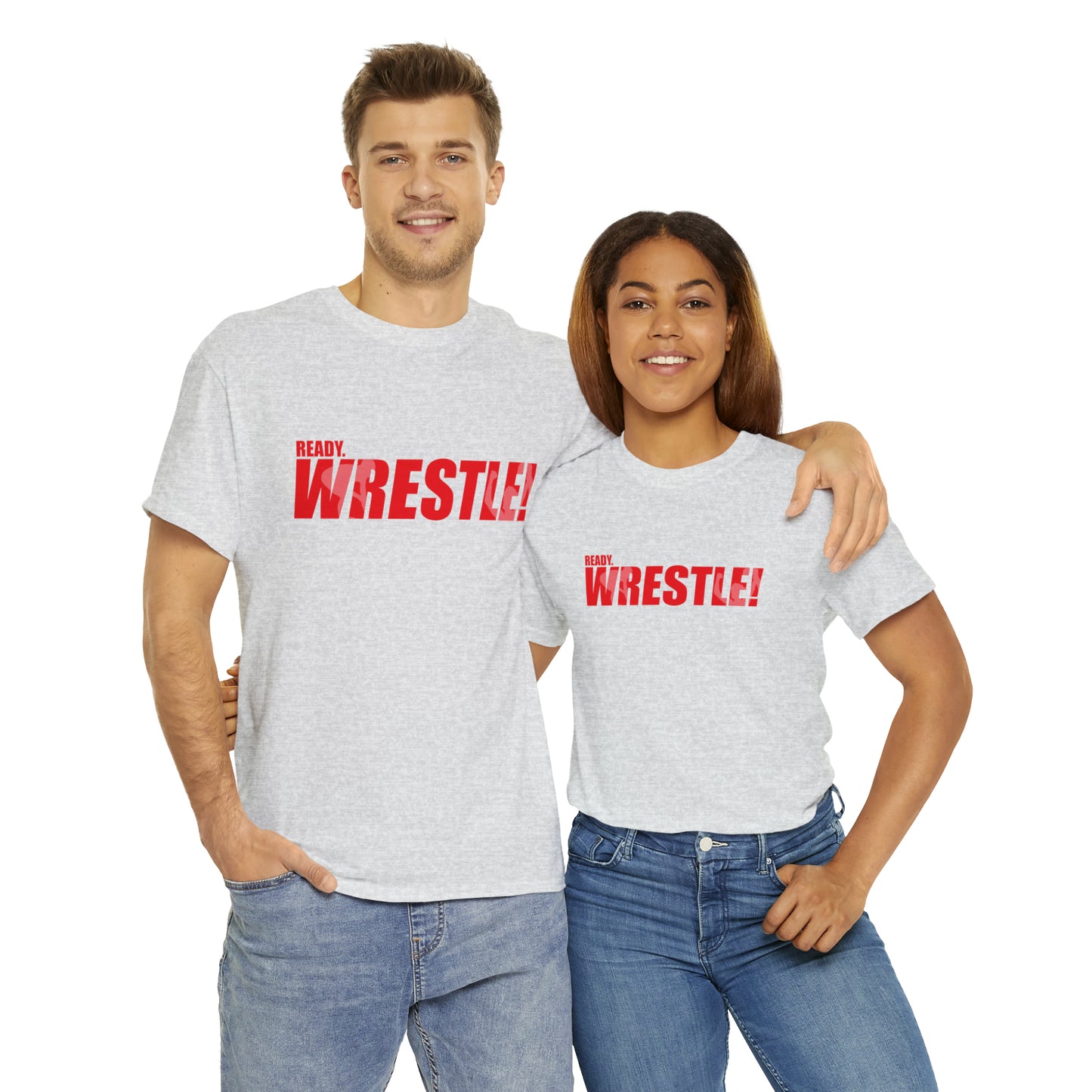 Ready. Wrestle! Red Logo w/White Silhouettes, Unisex Heavy Cotton Tee