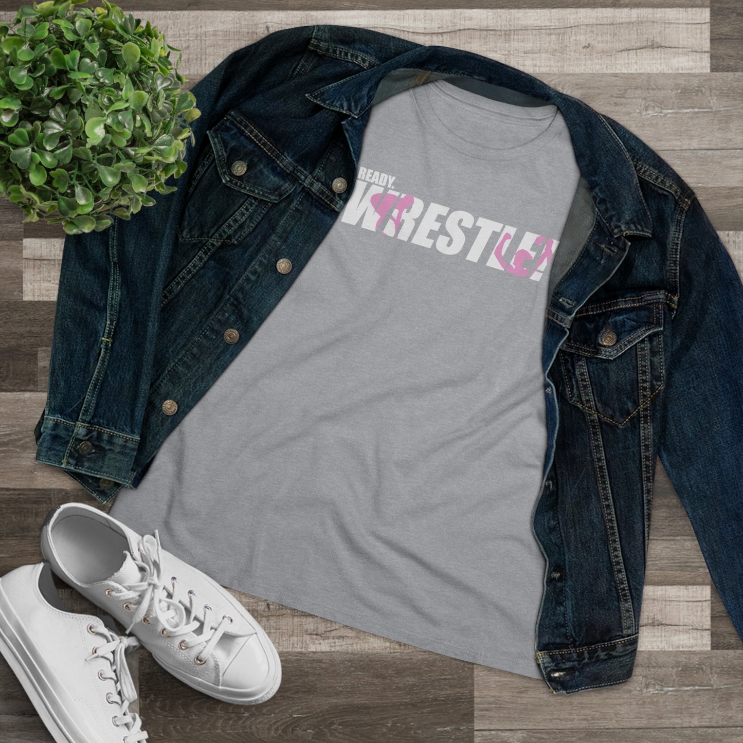 Ready. Wrestle! Women's Midweight Cotton Tee, White/Pink Logo