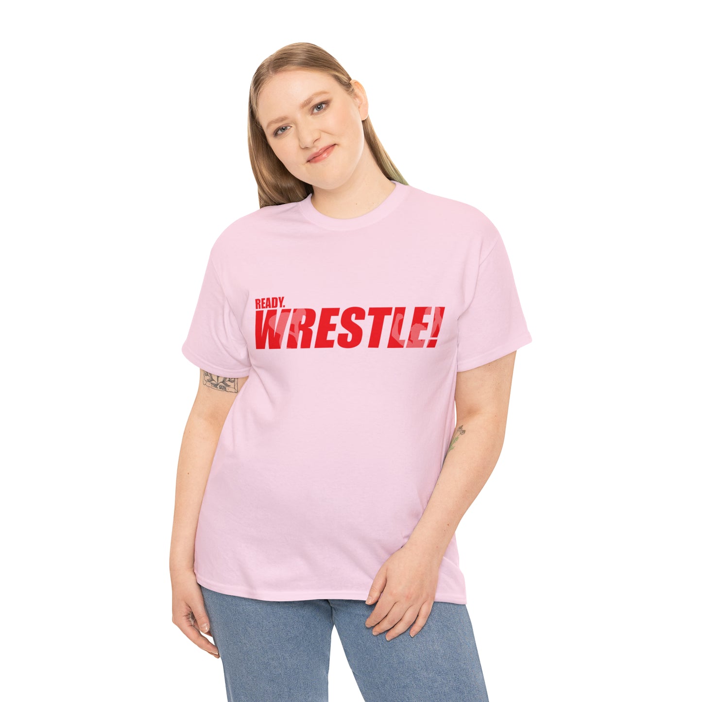 Ready. Wrestle! Red Logo w/White Silhouettes, Unisex Heavy Cotton Tee