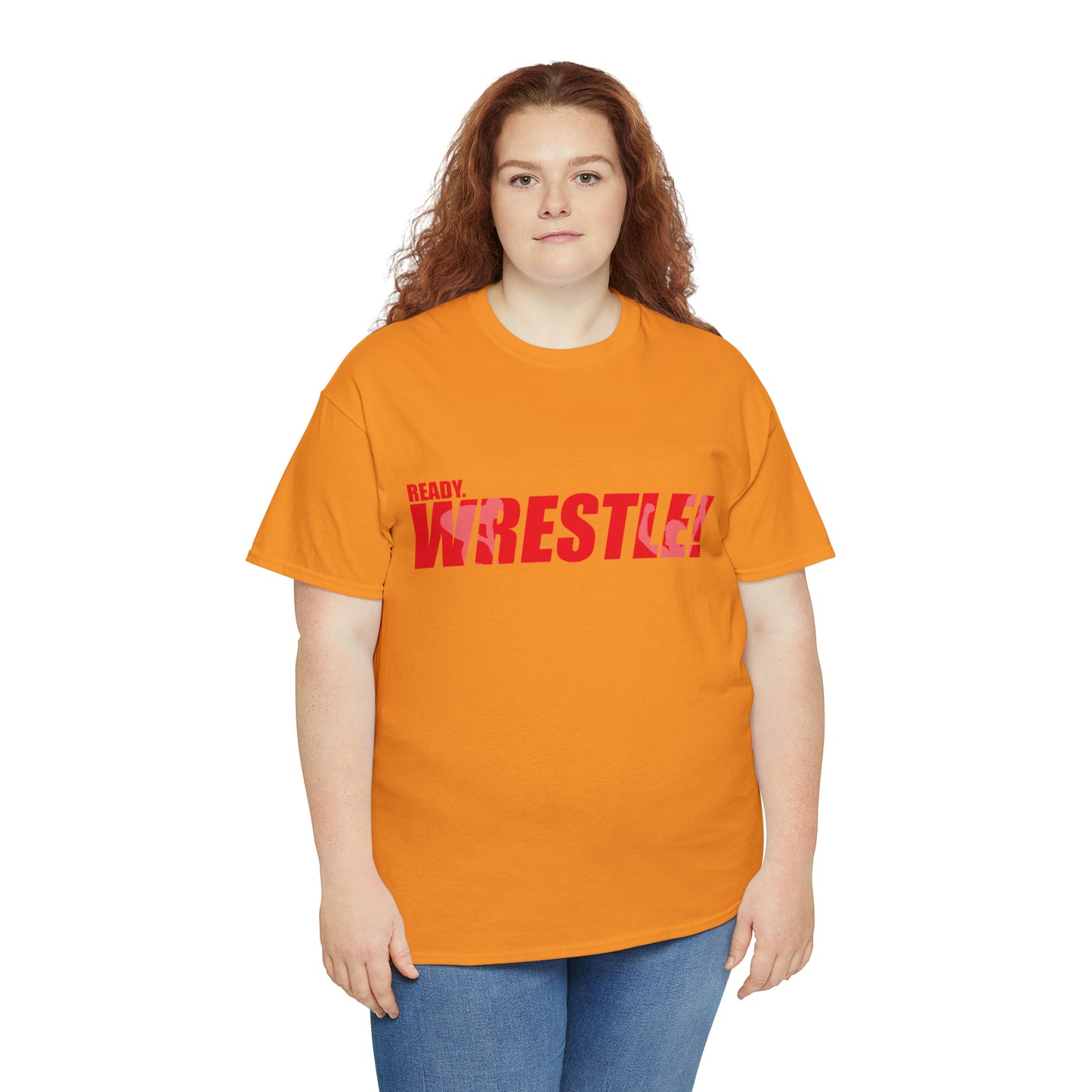 Ready. Wrestle! Red Logo w/White Silhouettes, Unisex Heavy Cotton Tee