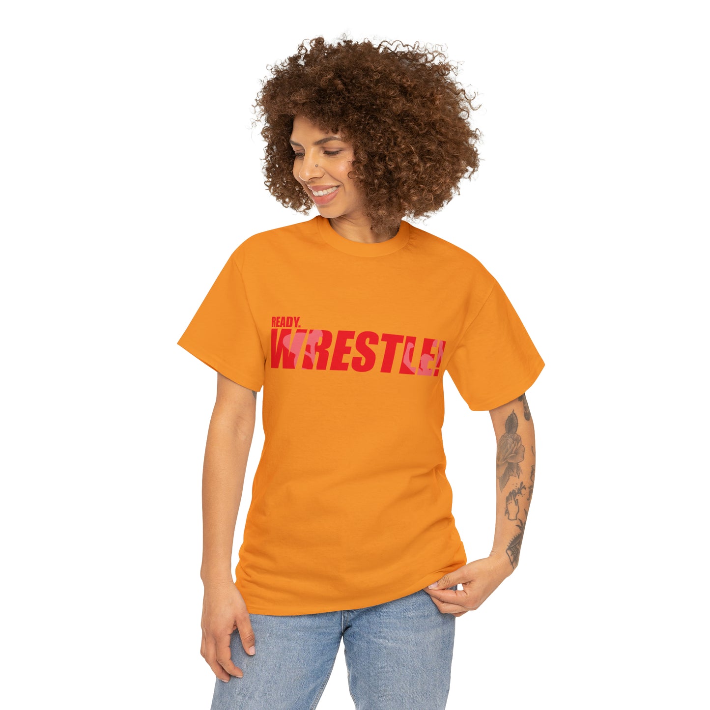 Ready. Wrestle! Red Logo w/White Silhouettes, Unisex Heavy Cotton Tee