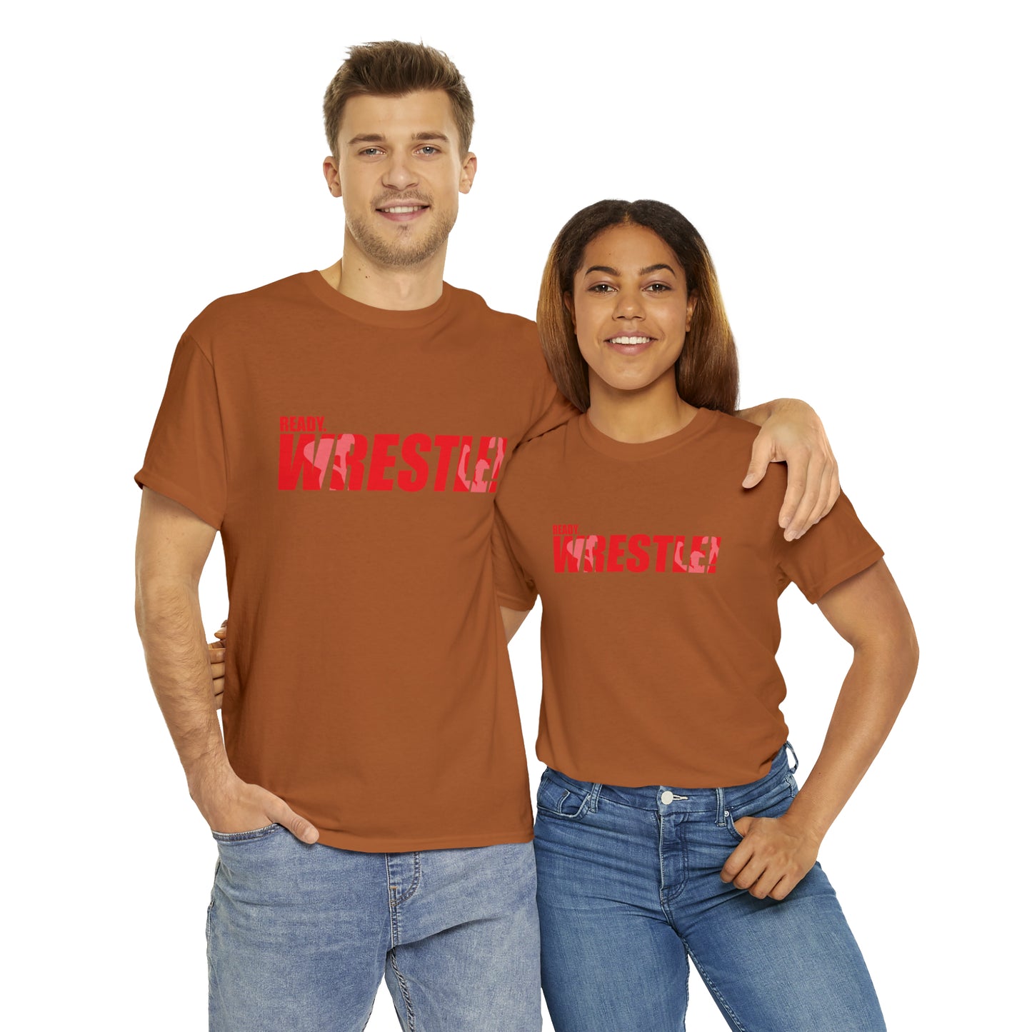 Ready. Wrestle! Red Logo w/White Silhouettes, Unisex Heavy Cotton Tee