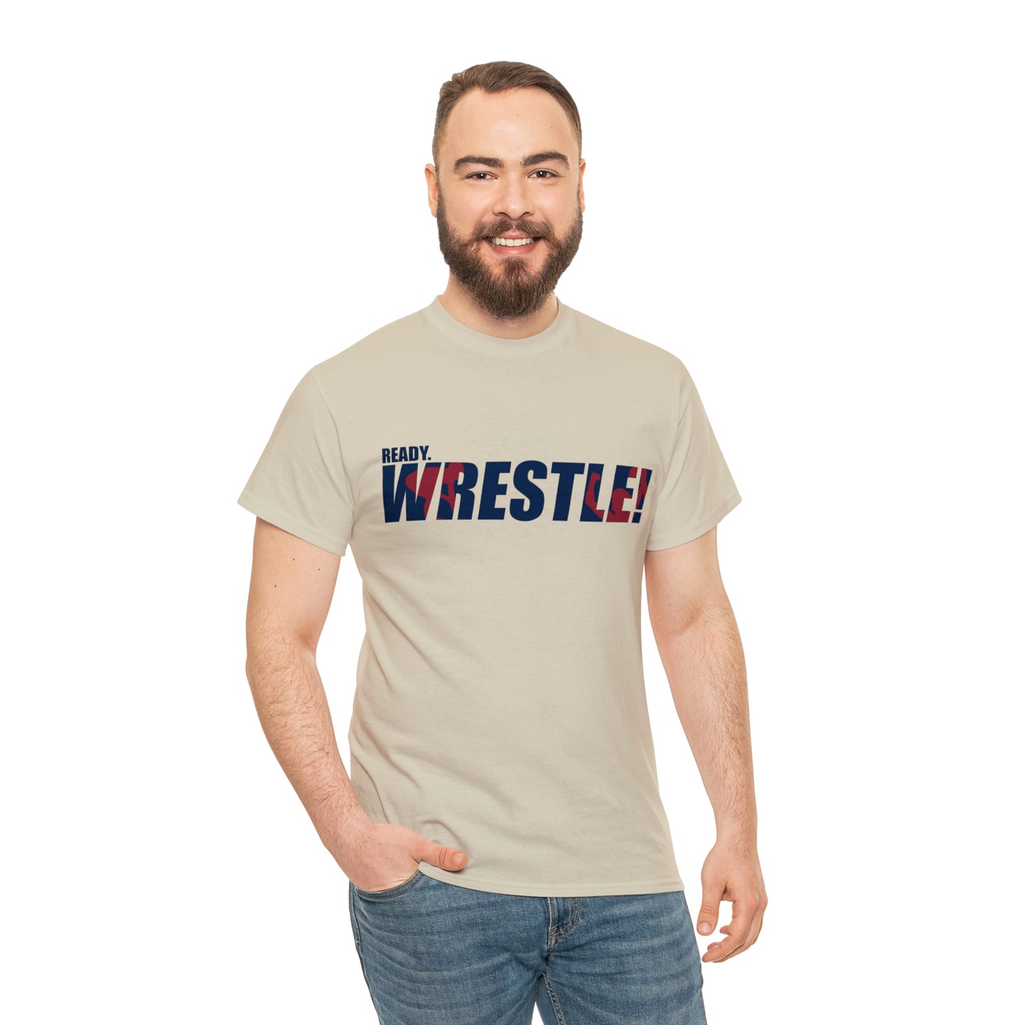 Ready. Wrestle! Navy Logo w/Red Silhouettes, Unisex Heavy Cotton Tee