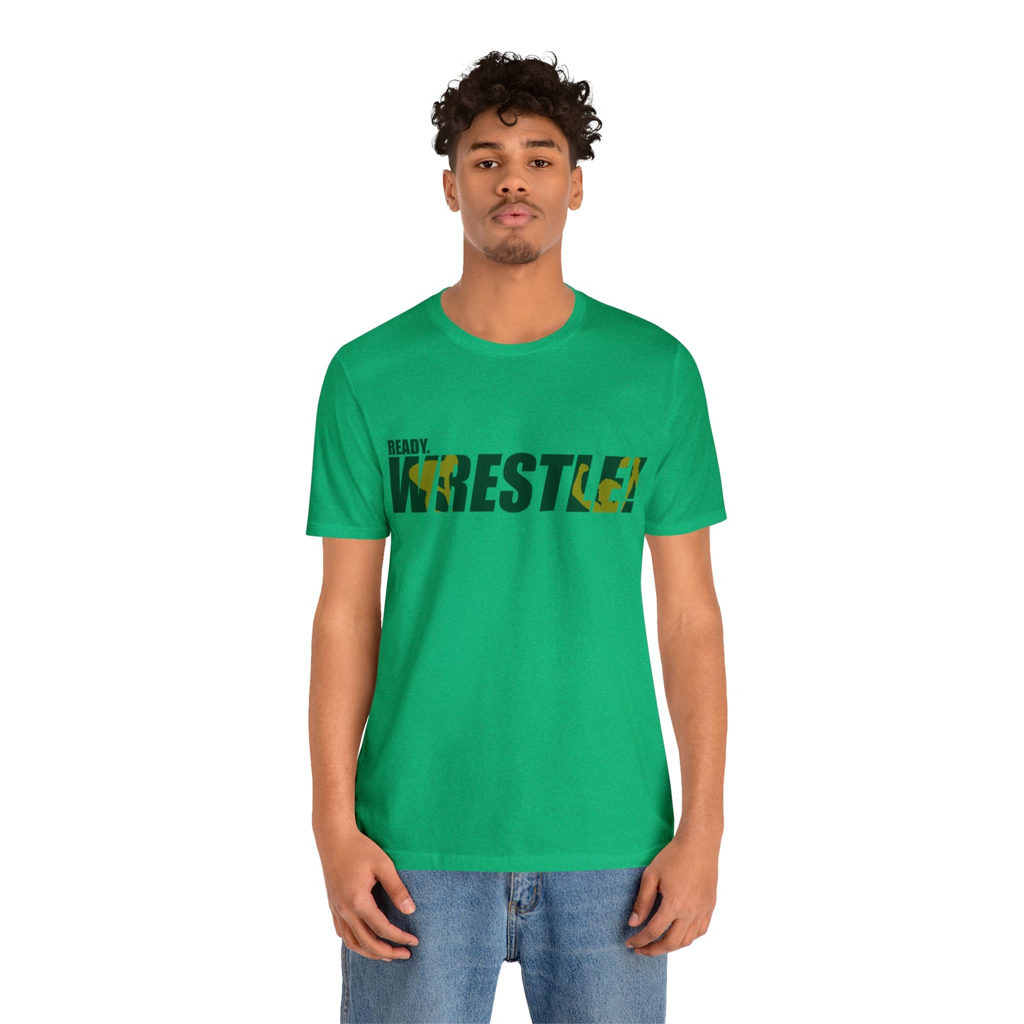 Ready. Wrestle! Green/Gold Logo, Unisex Heavy Cotton Tee, Bella+Canvas