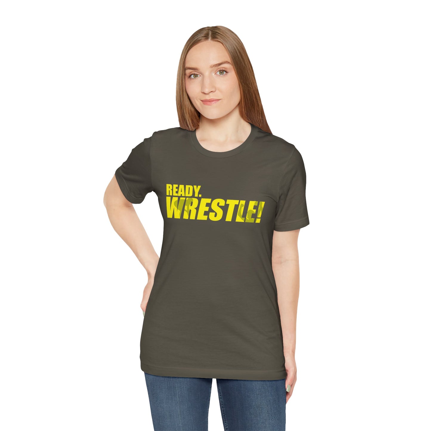 Ready. Wrestle! Gold Logo with Green, Unisex Jersey Short Sleeve Tee