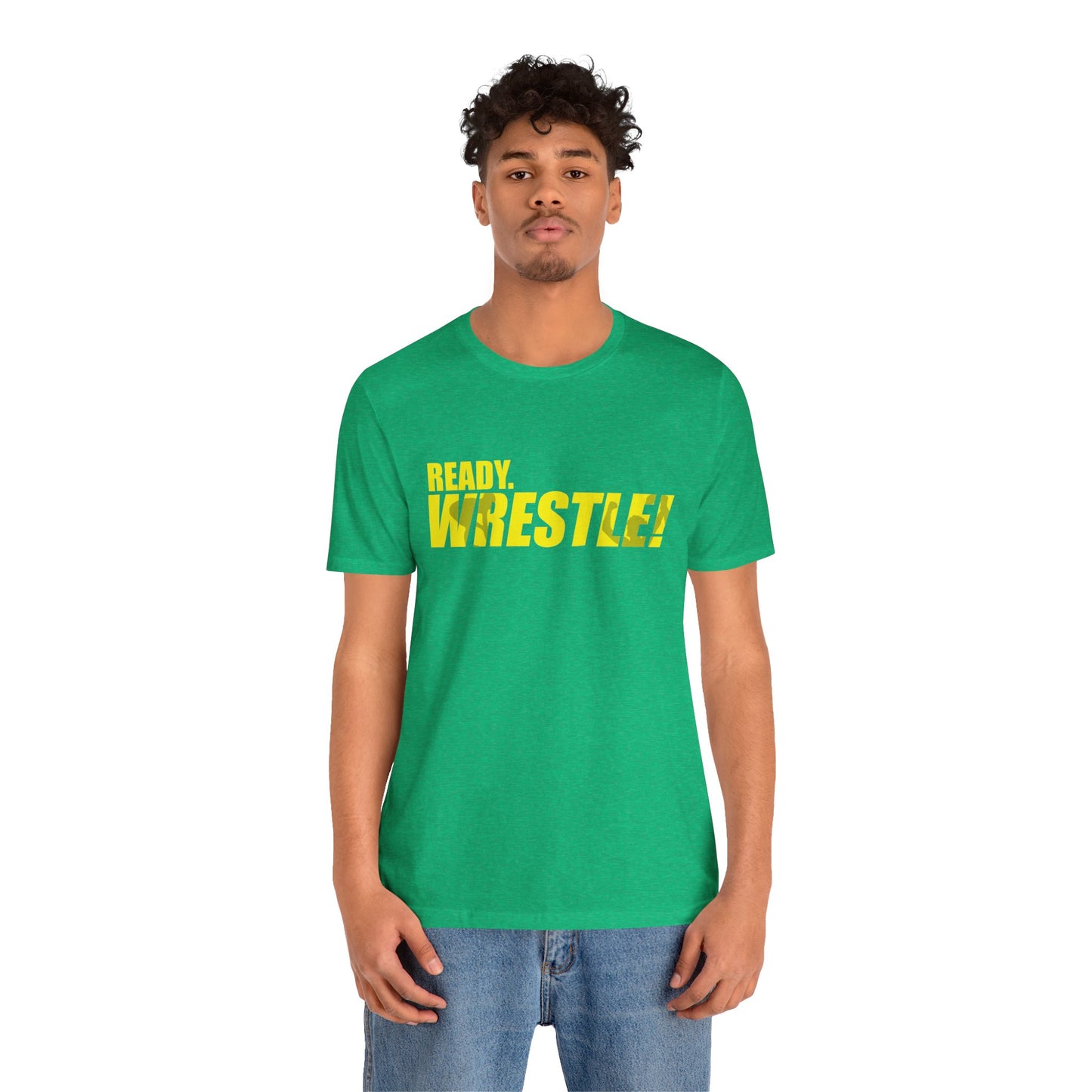Ready. Wrestle! Gold Logo with Green, Unisex Jersey Short Sleeve Tee