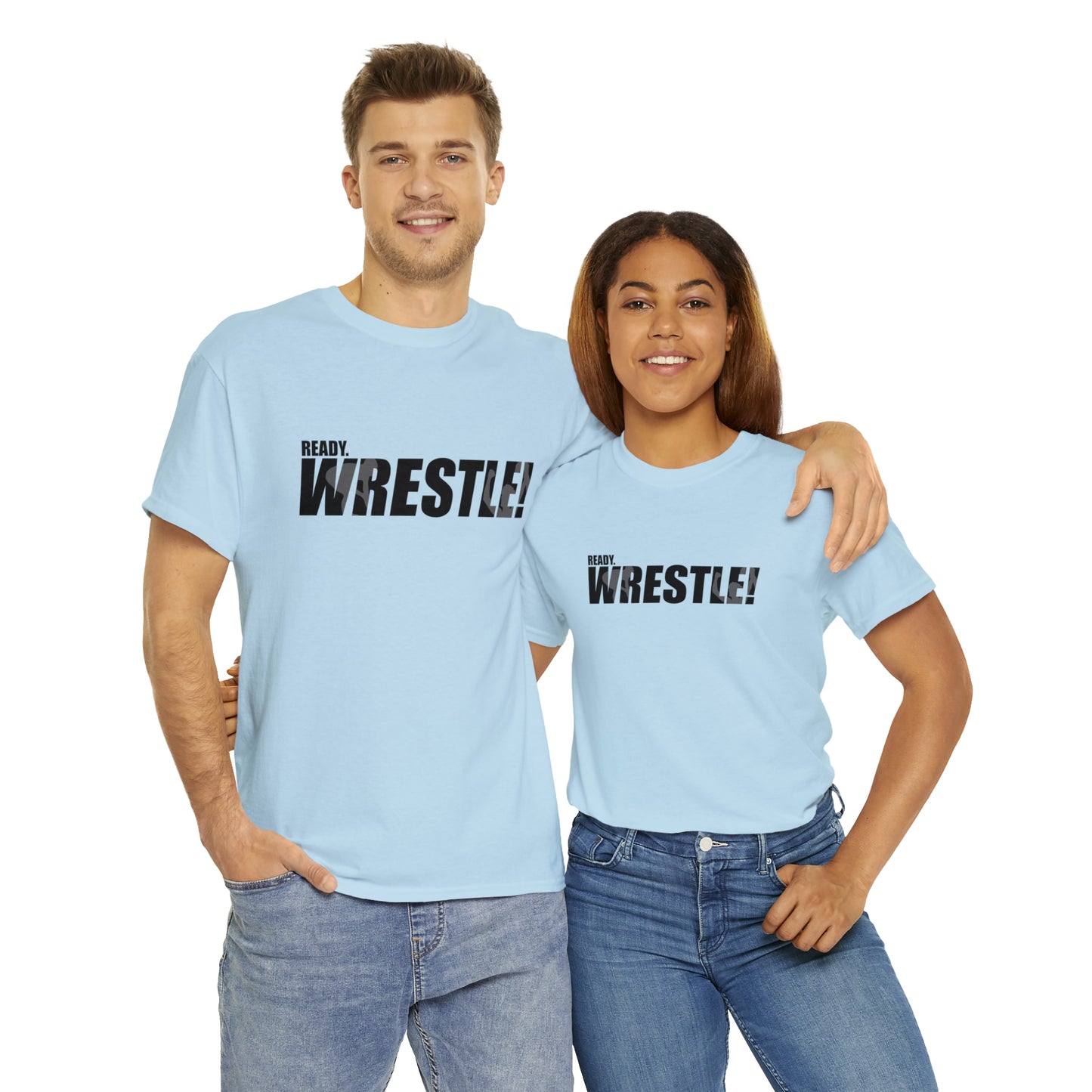 Ready. Wrestle! Black Logo w/White Silhouettes, Unisex Heavy Cotton Tee