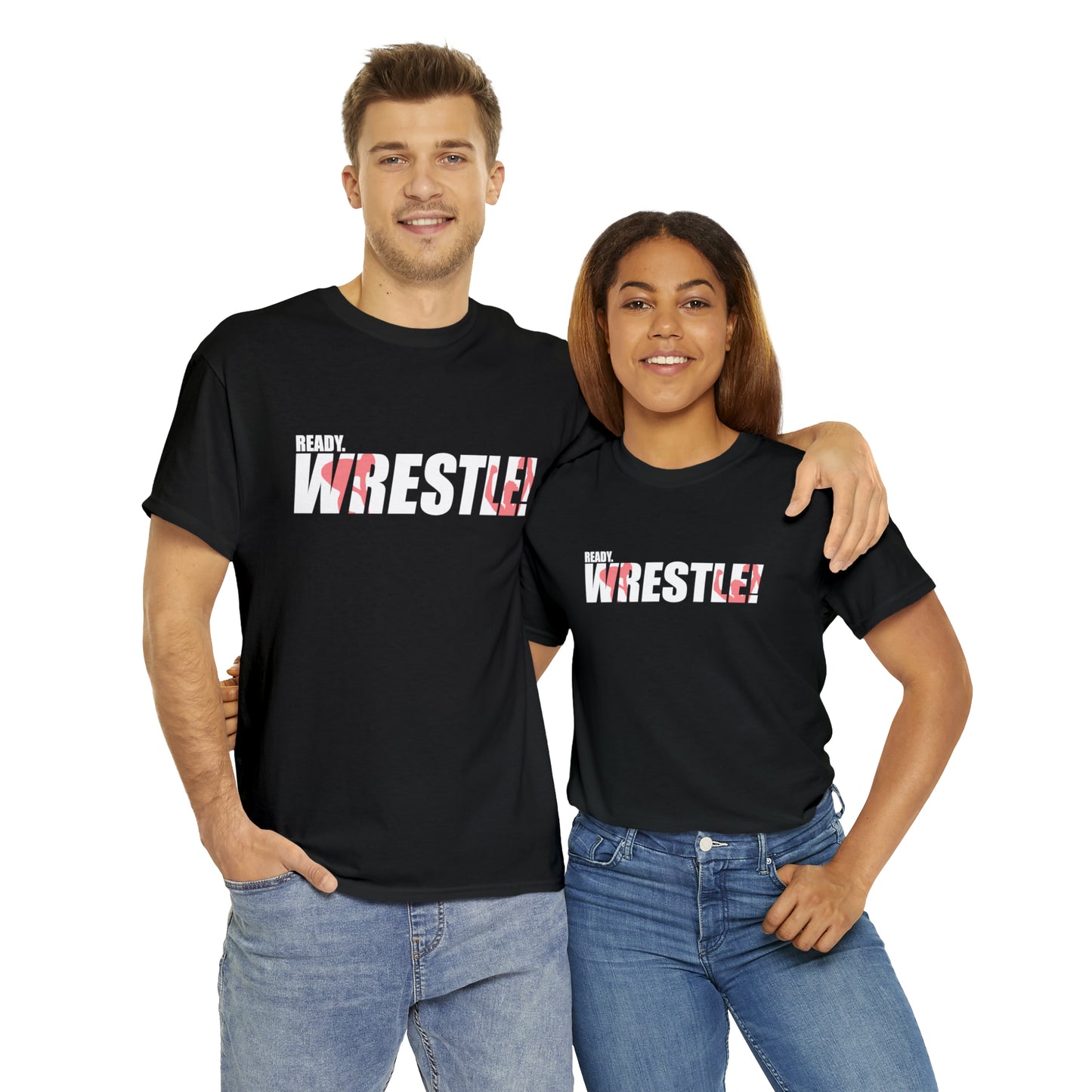 Ready. Wrestle! White Logo w/Red Silhouettes, Unisex Heavy Cotton Tee