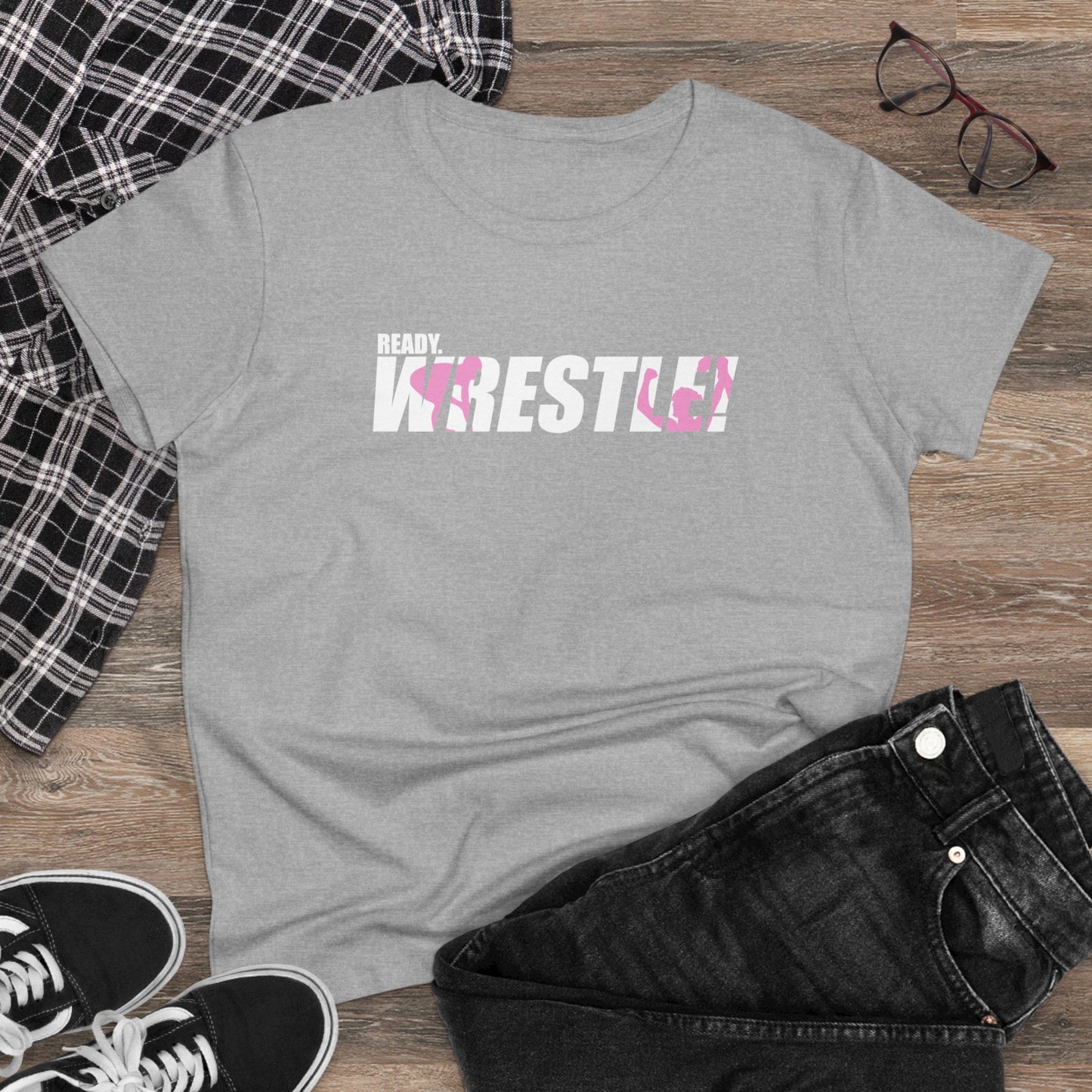 Ready. Wrestle! Women's Midweight Cotton Tee, White/Pink Logo