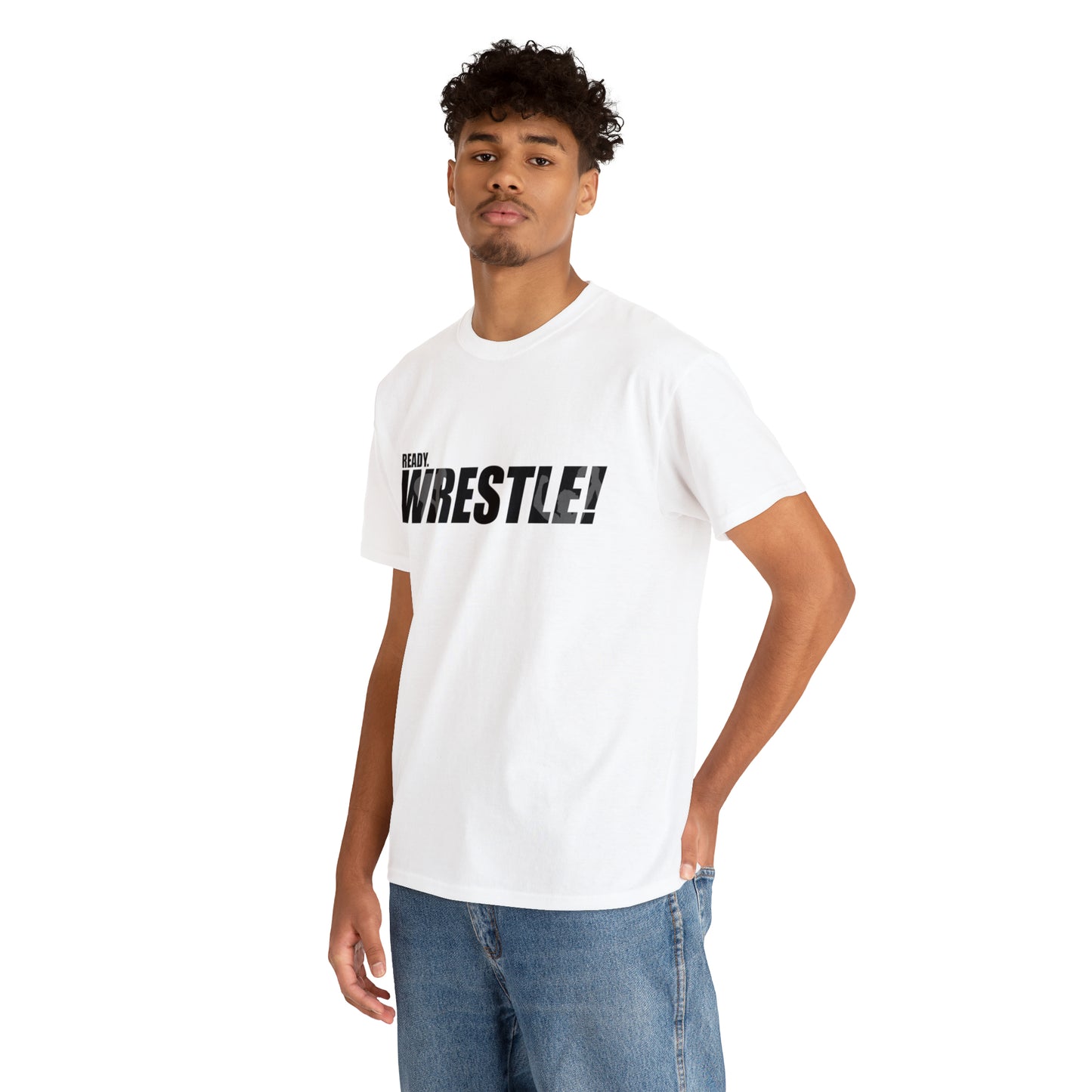 Ready. Wrestle! Black Logo w/White Silhouettes, Unisex Heavy Cotton Tee