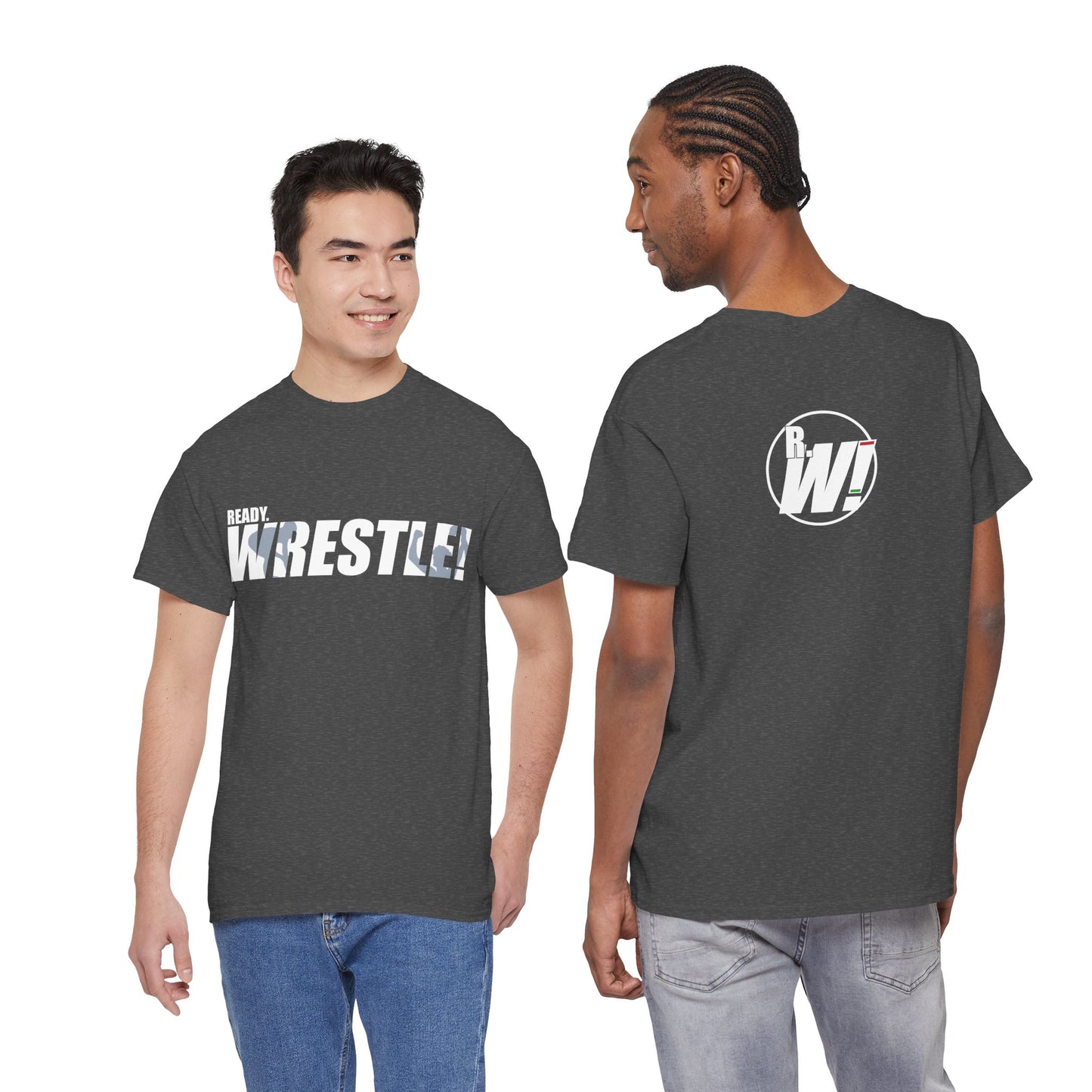 Ready. Wrestle! White Logo w/Blue Silhouettes, Unisex Heavy Cotton Tee