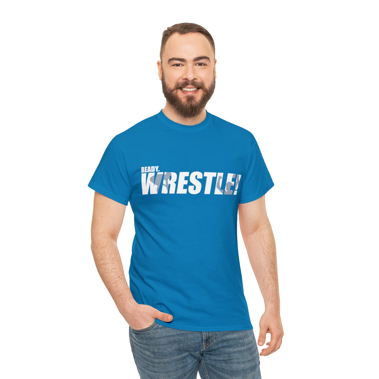 Ready. Wrestle! White Logo w/Blue Silhouettes, Unisex Heavy Cotton Tee