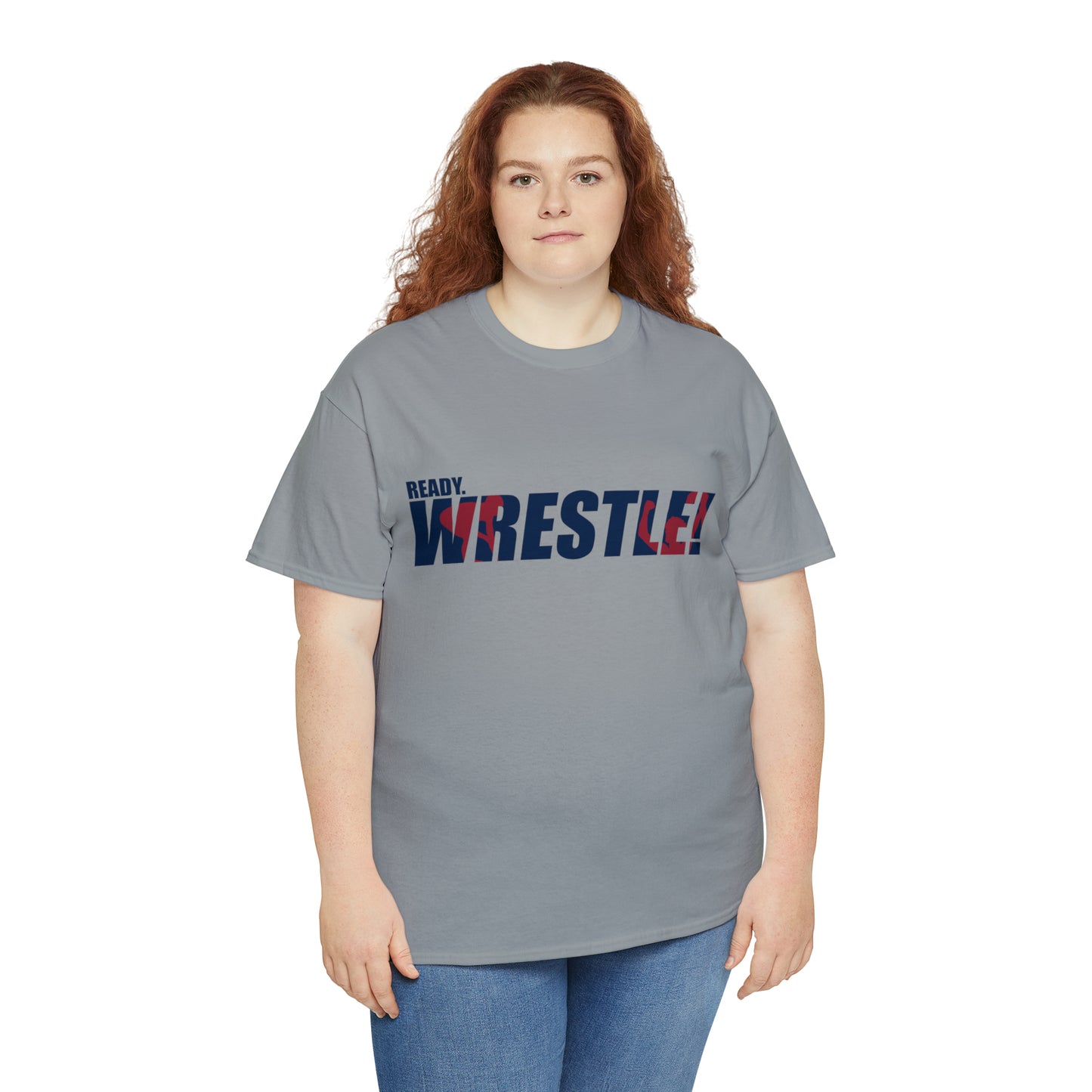 Ready. Wrestle! Navy Logo w/Red Silhouettes, Unisex Heavy Cotton Tee