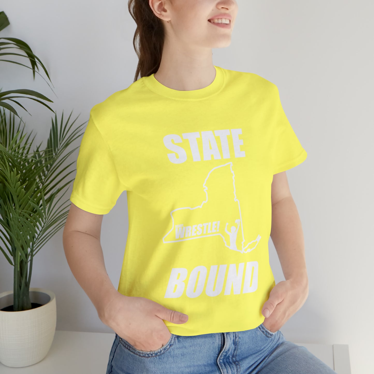 New York State Bound, Unisex Jersey Short Sleeve Tee, White Logo