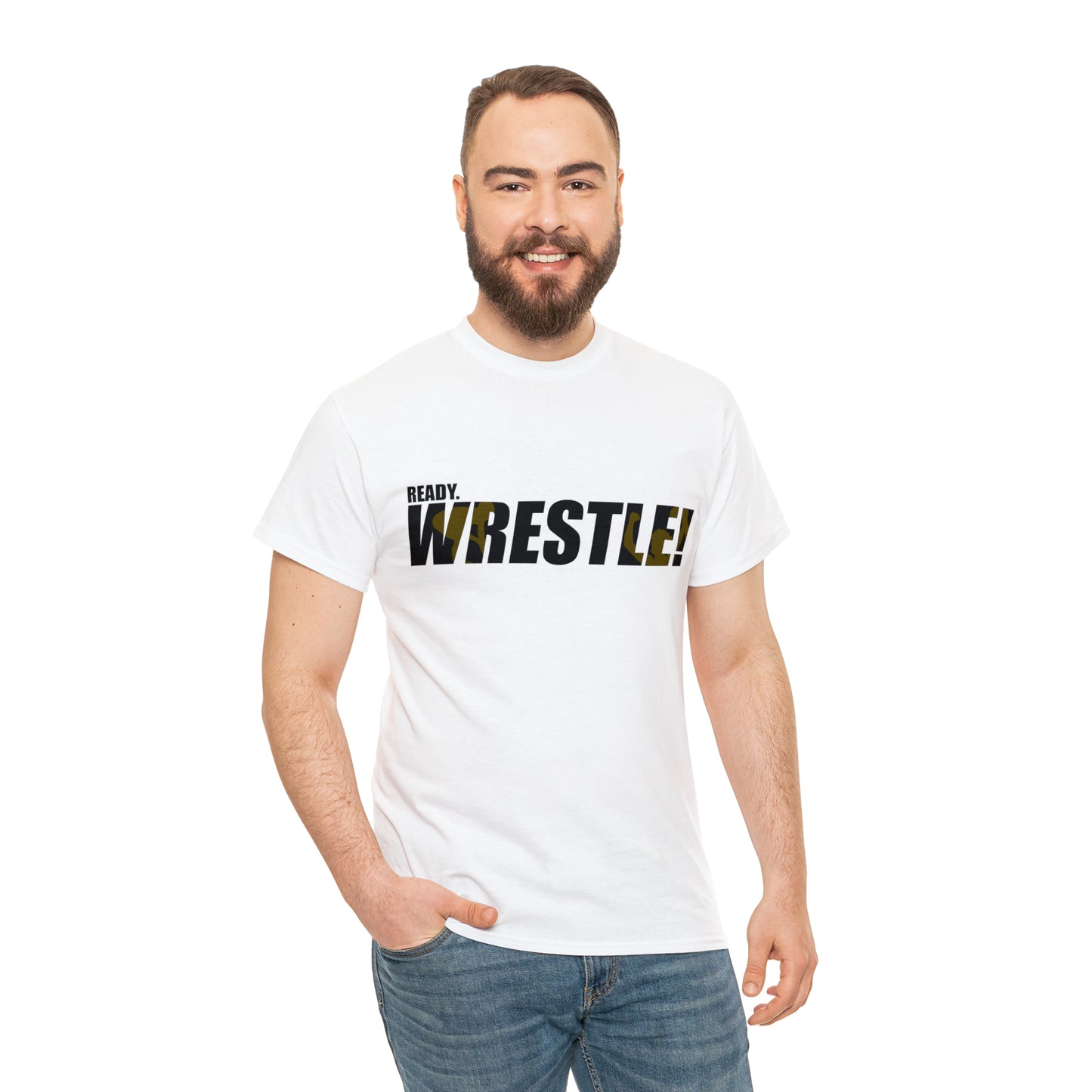 Ready. Wrestle! Black Logo w/Yellow Silhouettes, Unisex Heavy Cotton Tee