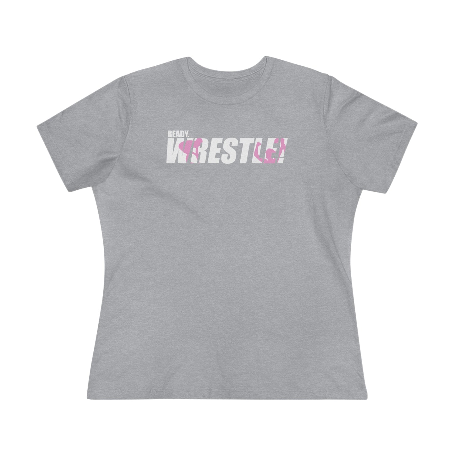 Ready. Wrestle! Women's Midweight Cotton Tee, White/Pink Logo