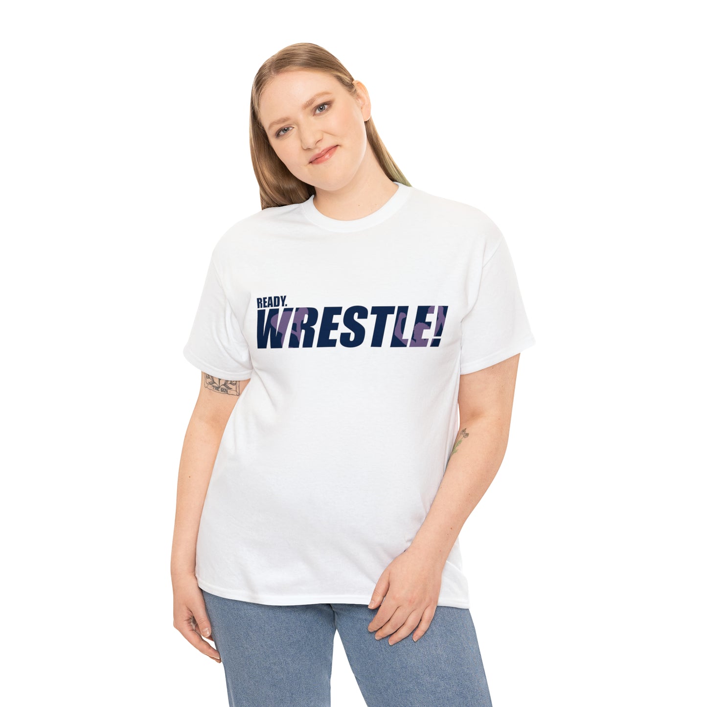 Ready. Wrestle! Navy Logo w/Pink Silhouettes, Unisex Heavy Cotton Tee