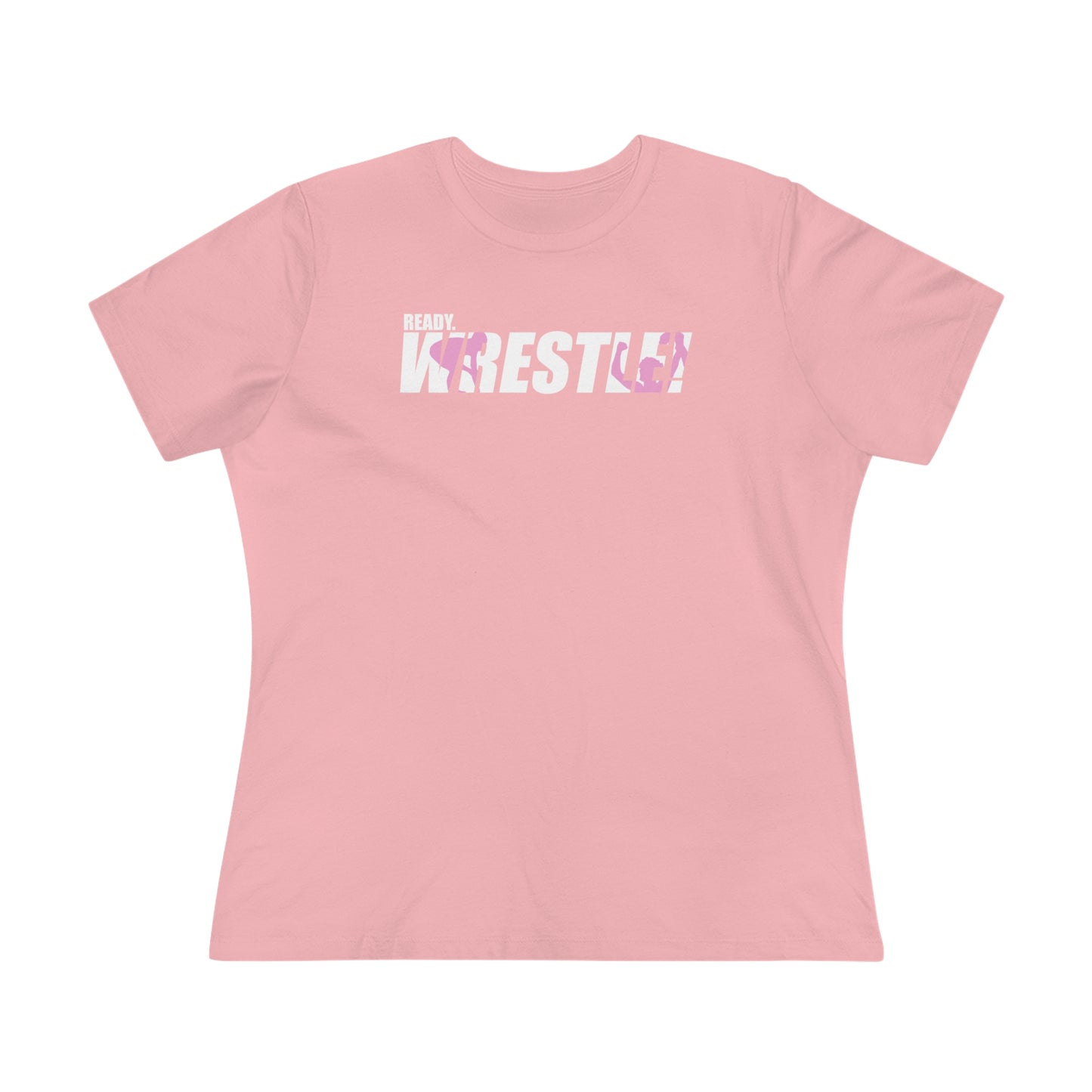 Ready. Wrestle! Women's Midweight Cotton Tee, White/Pink Logo