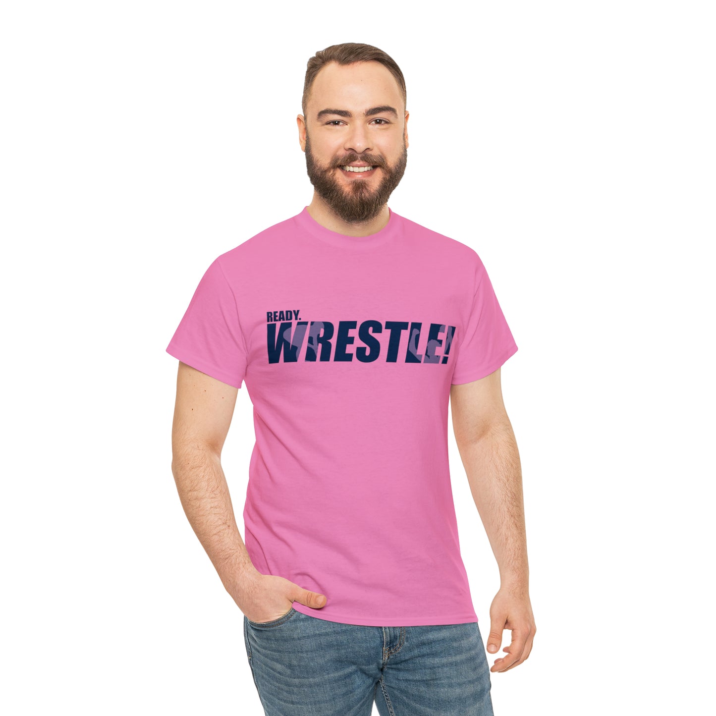 Ready. Wrestle! Navy Logo w/Pink Silhouettes, Unisex Heavy Cotton Tee