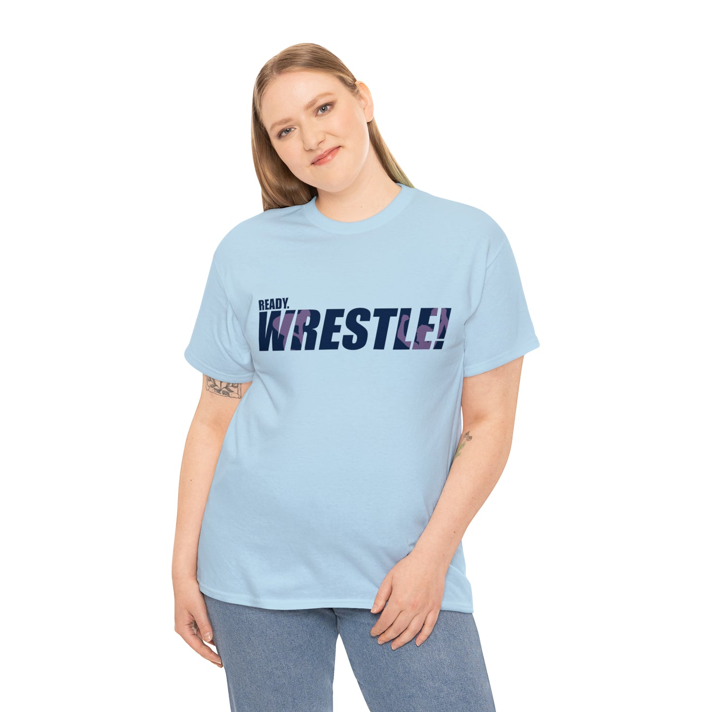 Ready. Wrestle! Navy Logo w/Pink Silhouettes, Unisex Heavy Cotton Tee