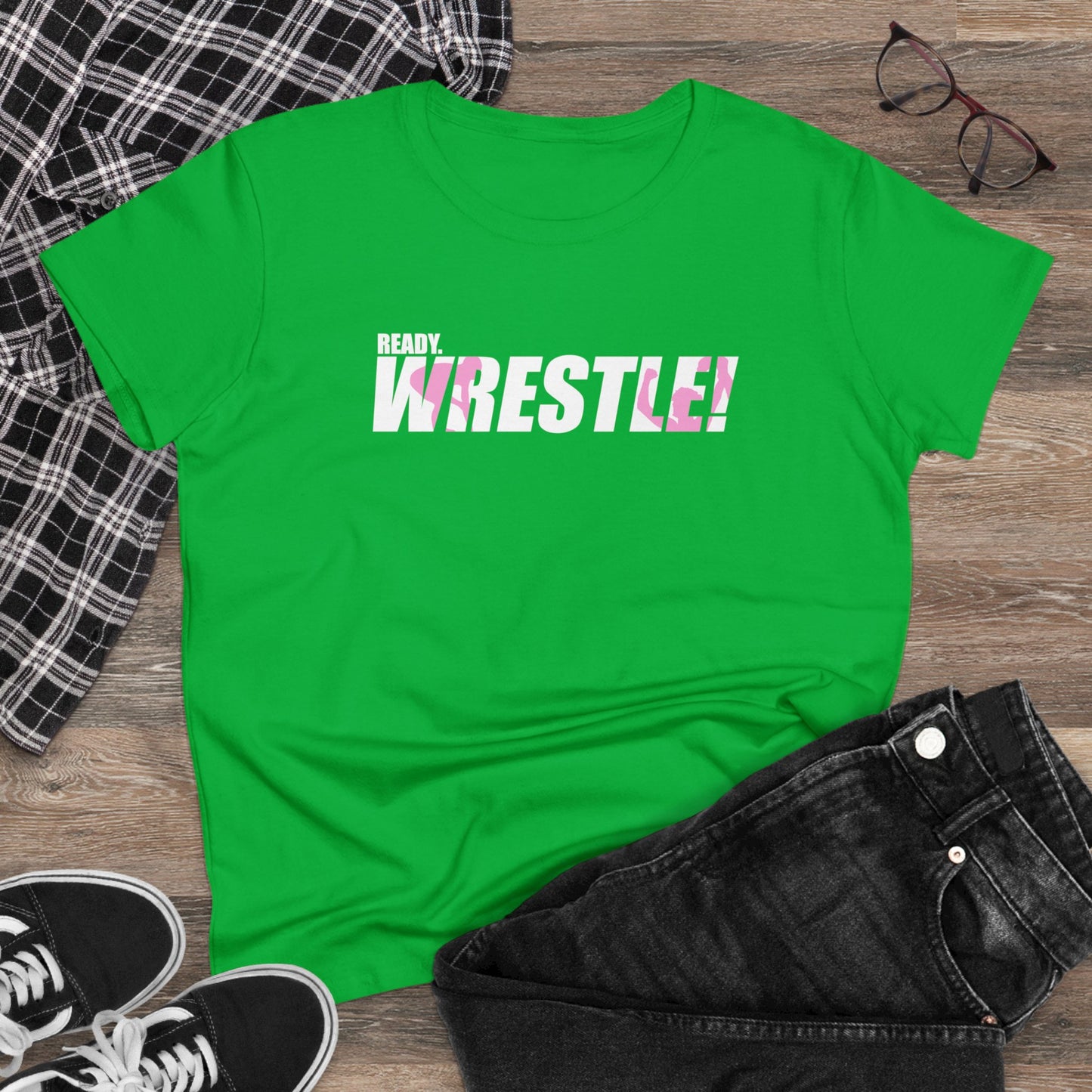 Ready. Wrestle! Women's Midweight Cotton Tee, White/Pink Logo