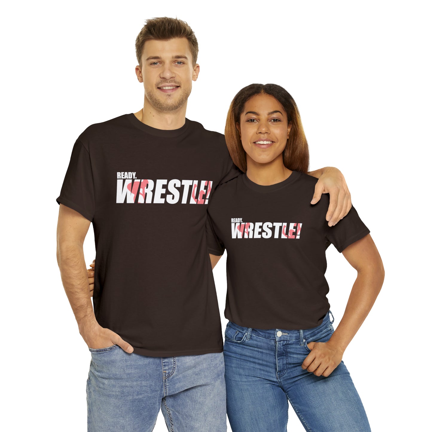 Ready. Wrestle! White Logo w/Red Silhouettes, Unisex Heavy Cotton Tee