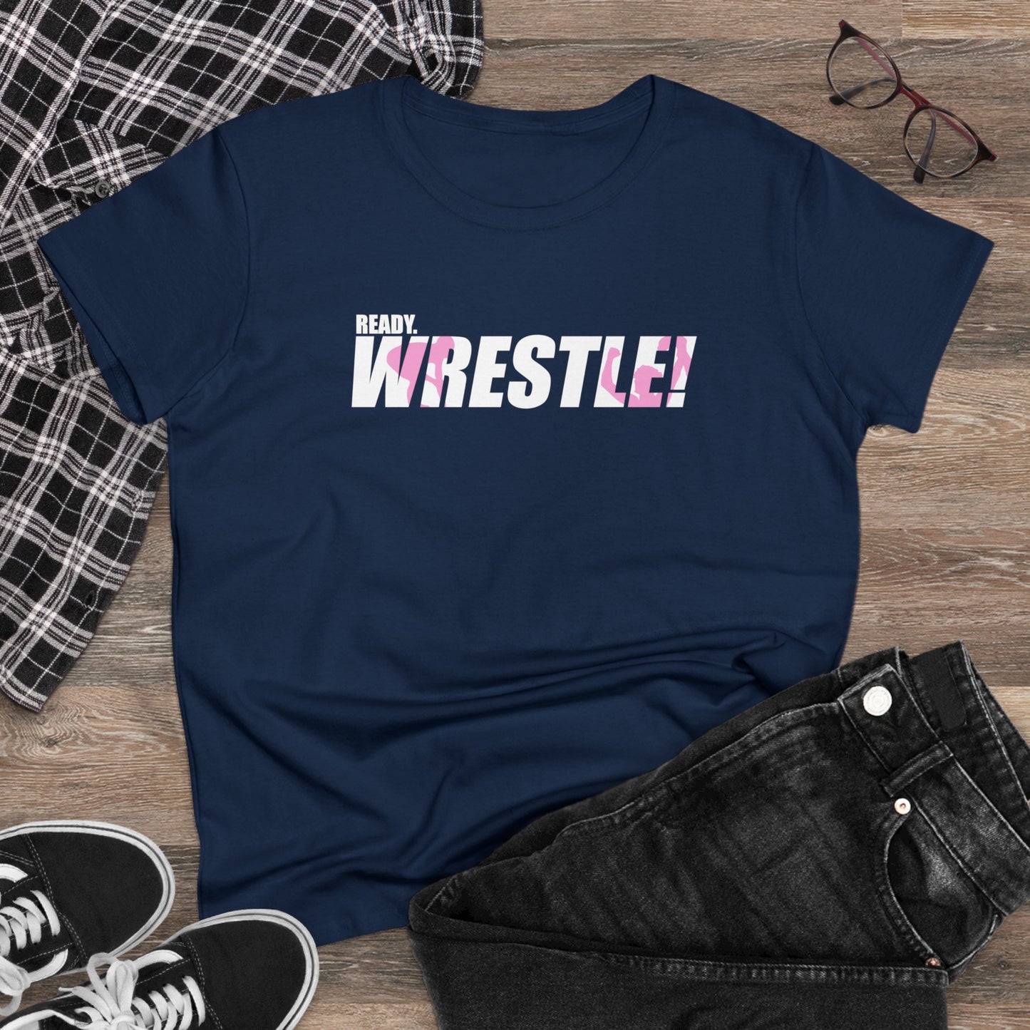 Ready. Wrestle! Women's Midweight Cotton Tee, White/Pink Logo