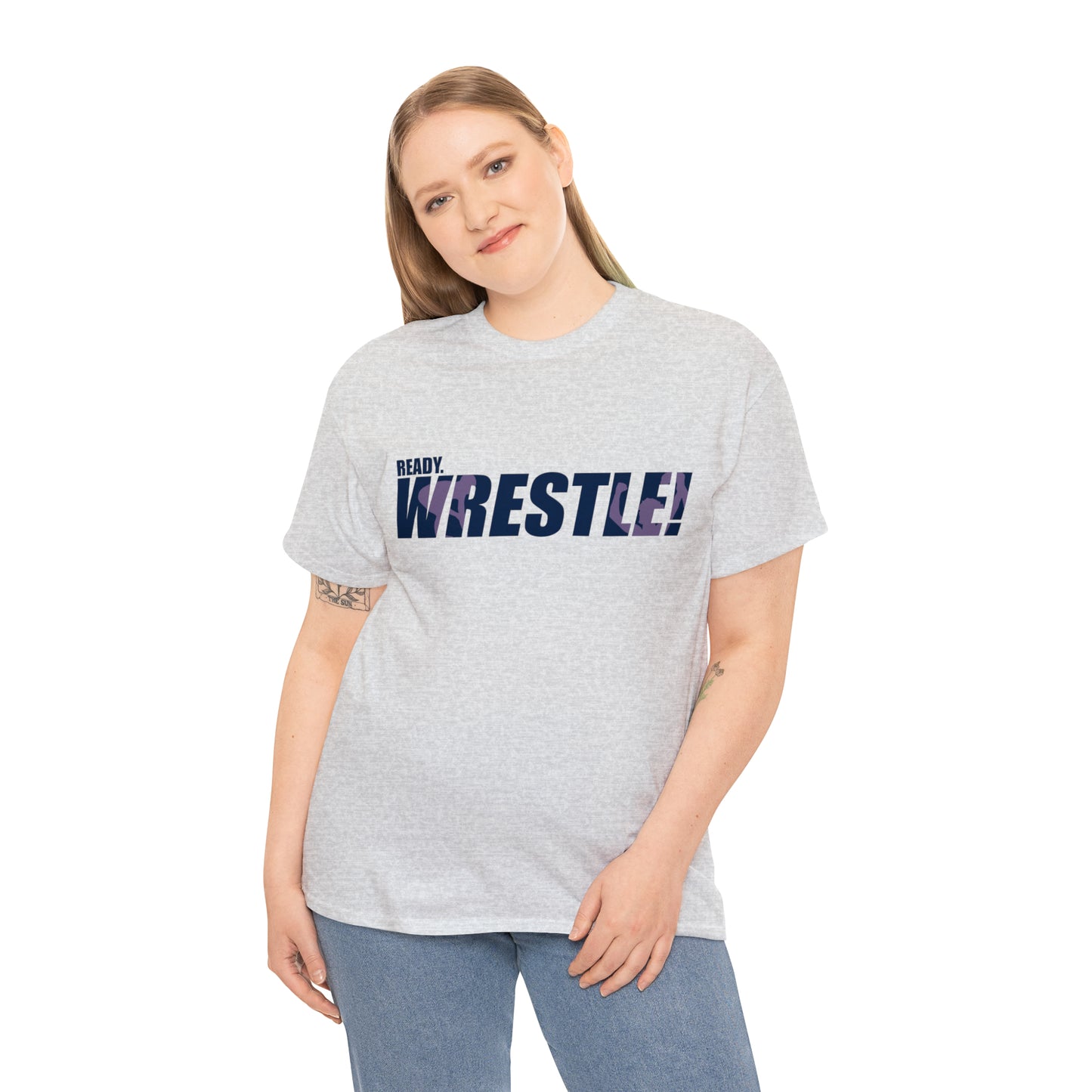 Ready. Wrestle! Navy Logo w/Pink Silhouettes, Unisex Heavy Cotton Tee