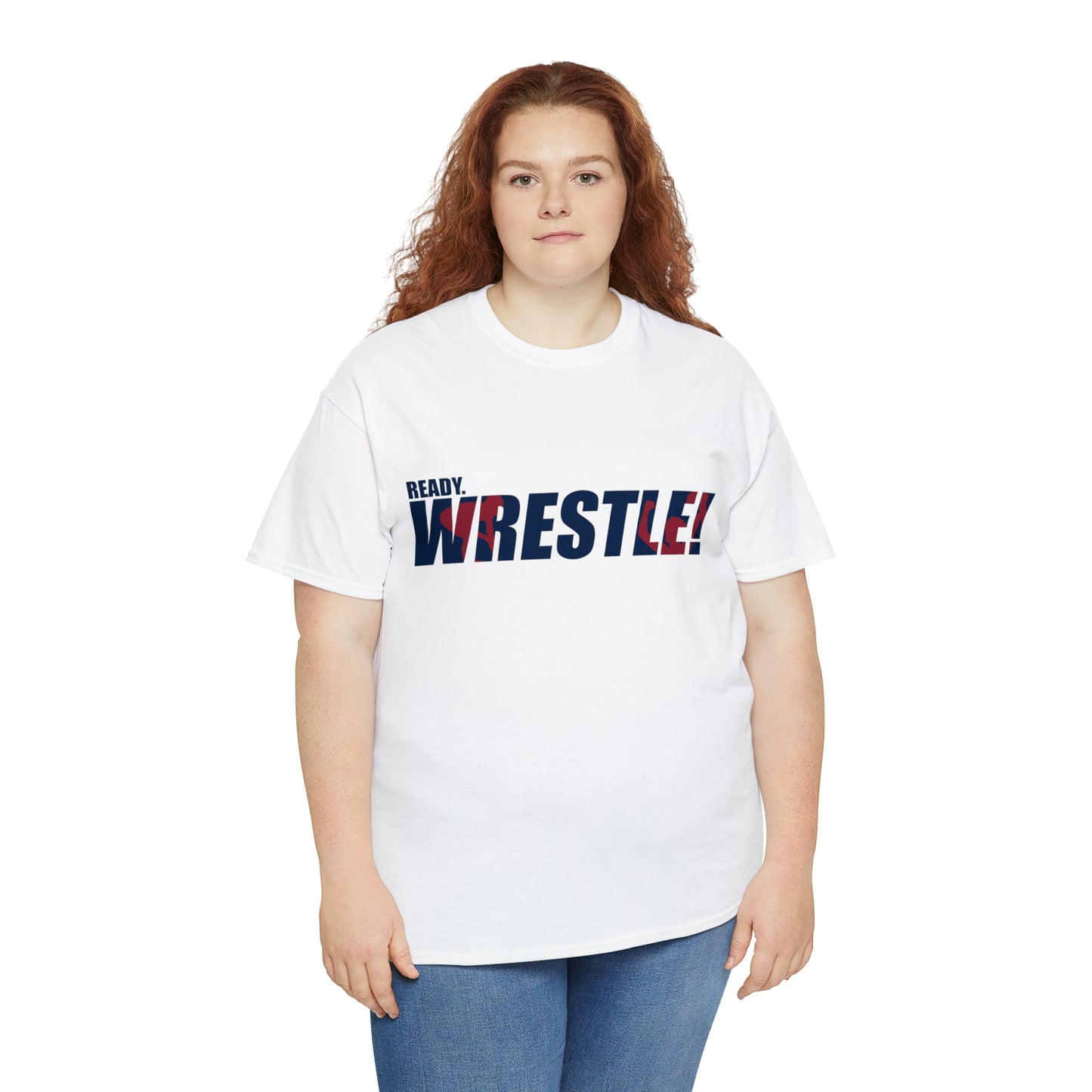 Ready. Wrestle! Navy Logo w/Red Silhouettes, Unisex Heavy Cotton Tee