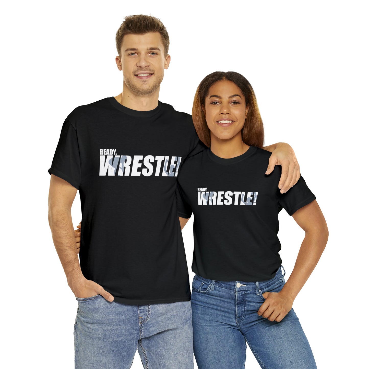 Ready. Wrestle! White Logo w/Blue Silhouettes, Unisex Heavy Cotton Tee