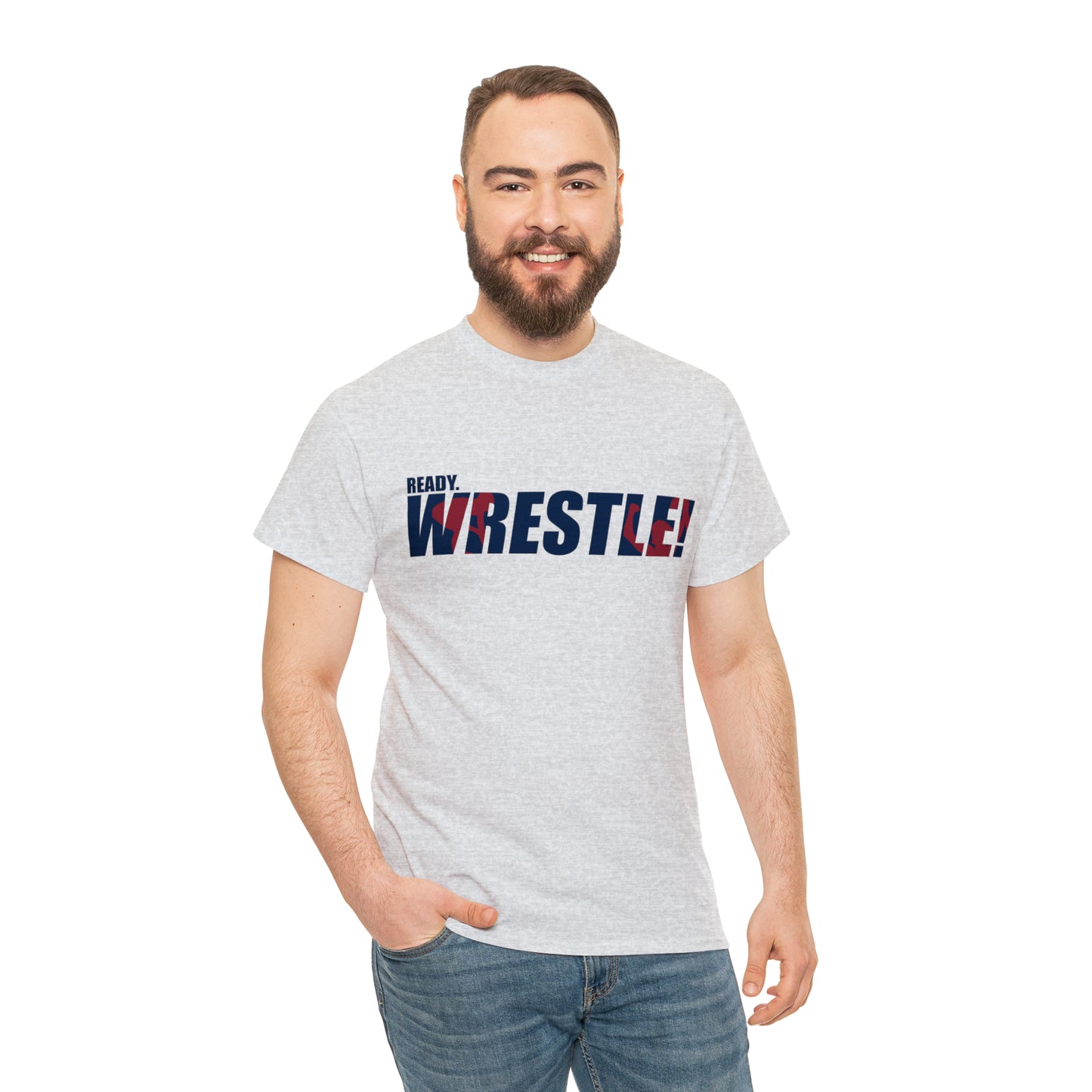 Ready. Wrestle! Navy Logo w/Red Silhouettes, Unisex Heavy Cotton Tee