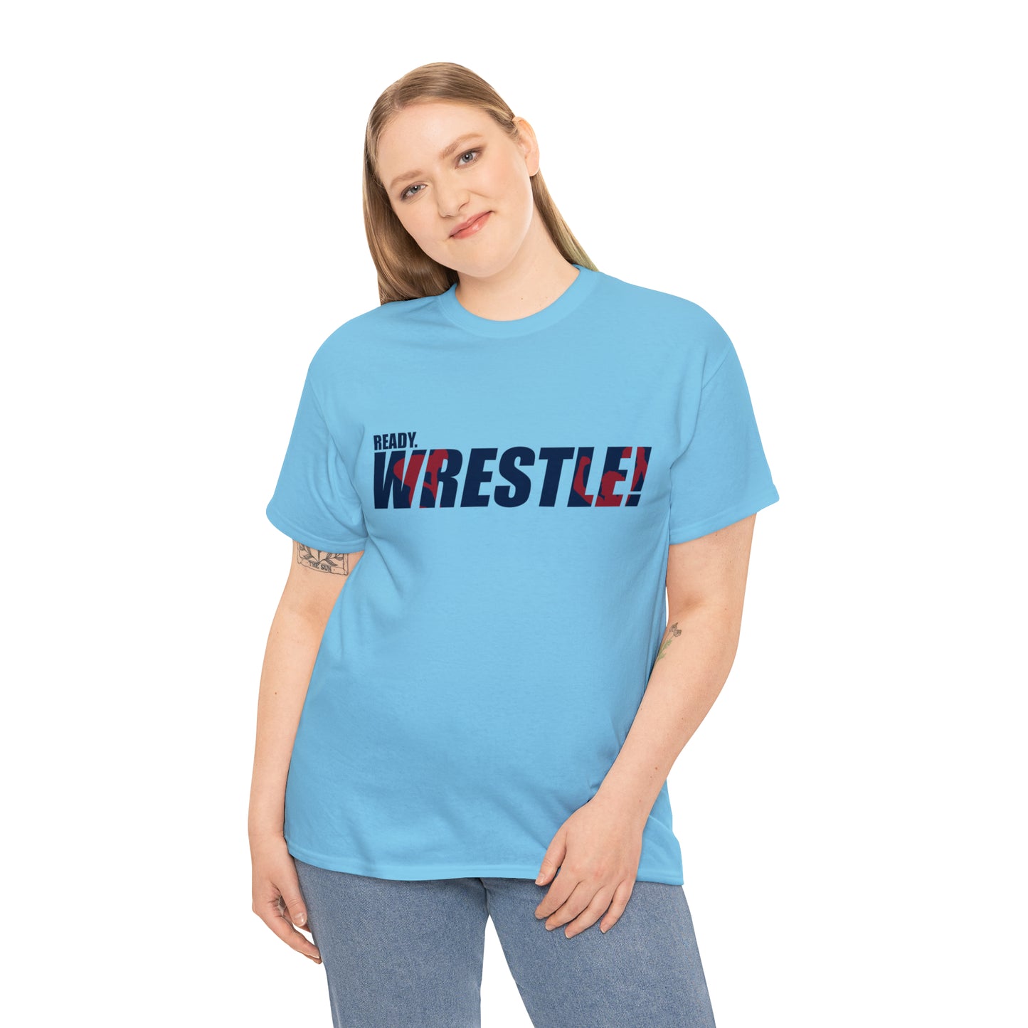 Ready. Wrestle! Navy Logo w/Red Silhouettes, Unisex Heavy Cotton Tee