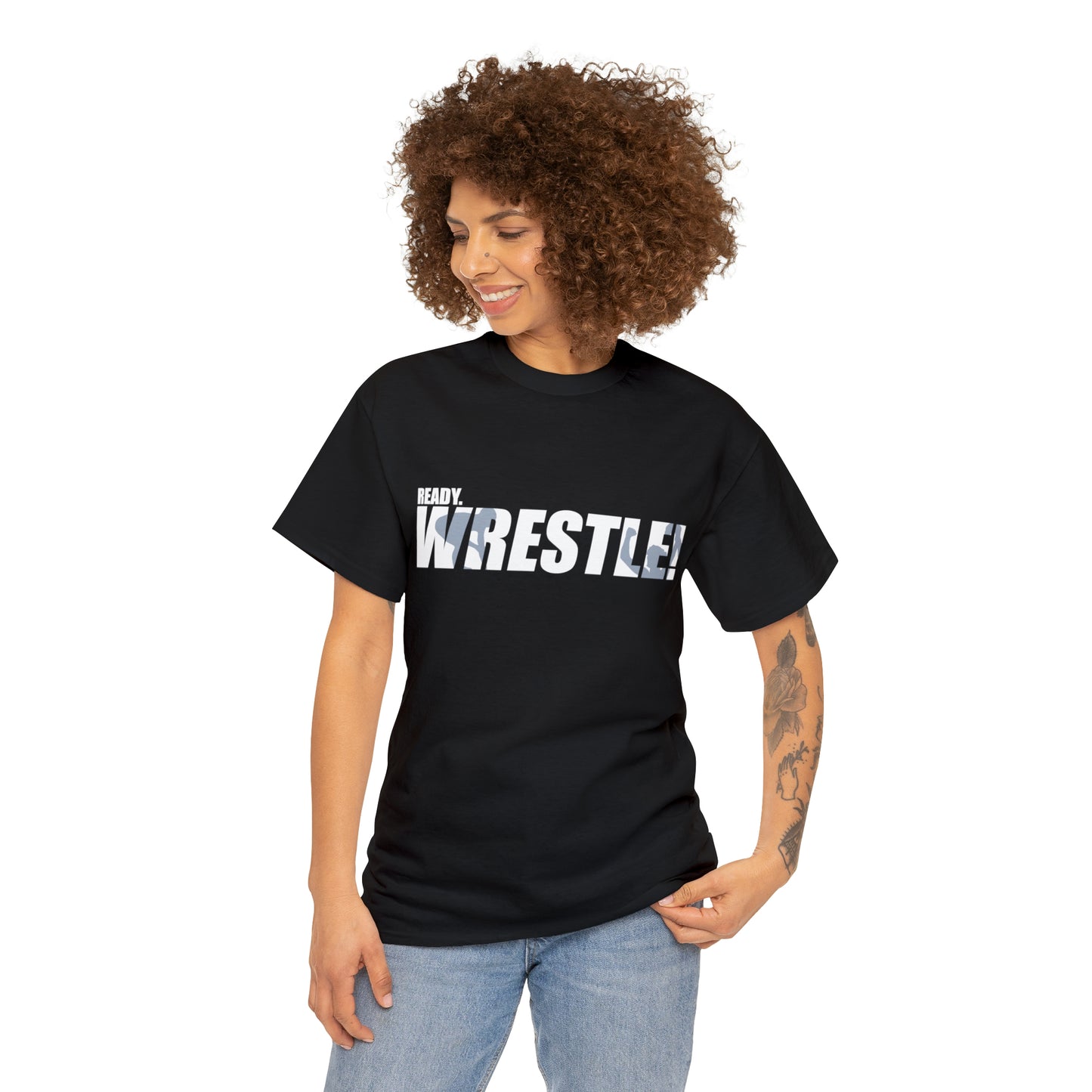 Ready. Wrestle! White Logo w/Blue Silhouettes, Unisex Heavy Cotton Tee