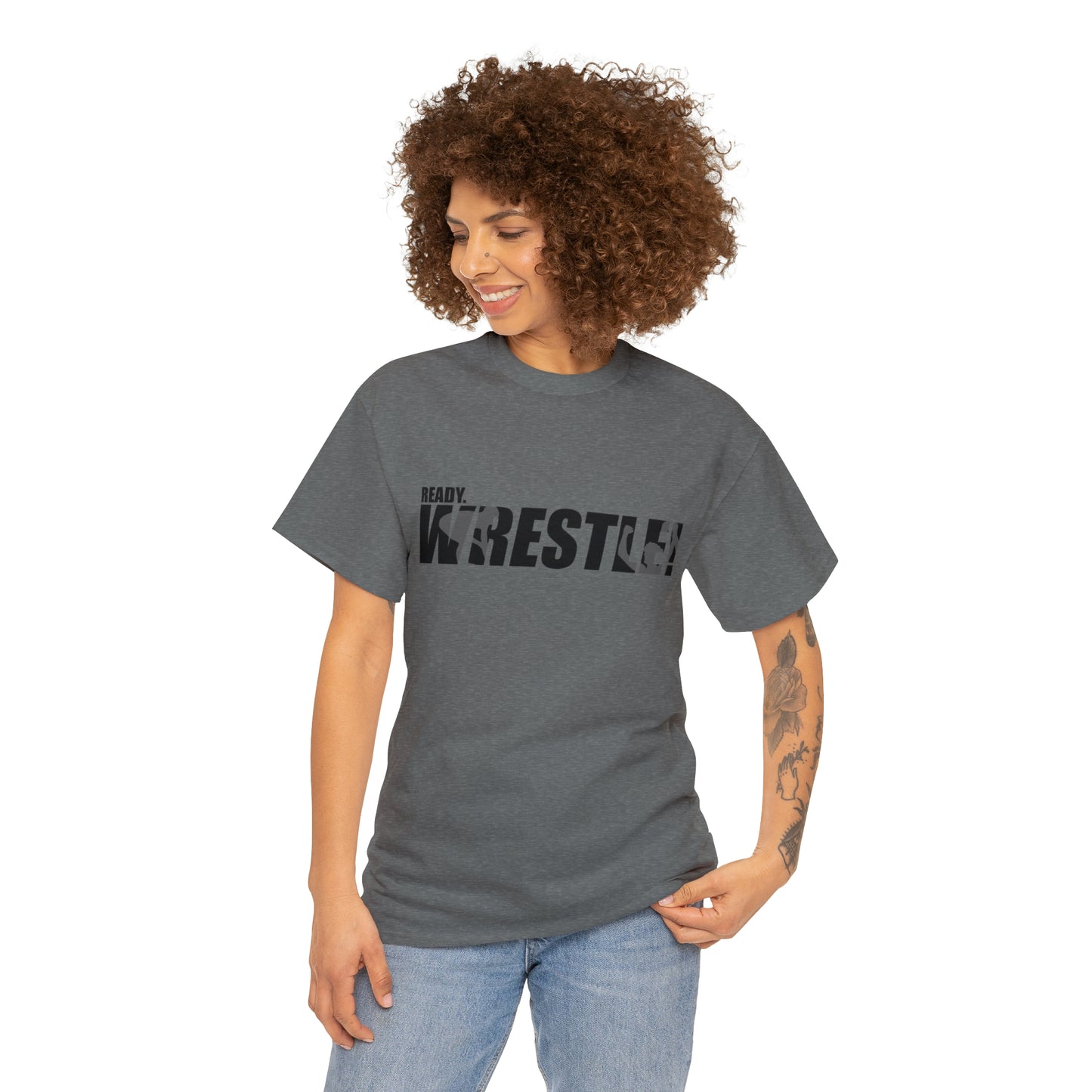 Ready. Wrestle! Black Logo w/White Silhouettes, Unisex Heavy Cotton Tee