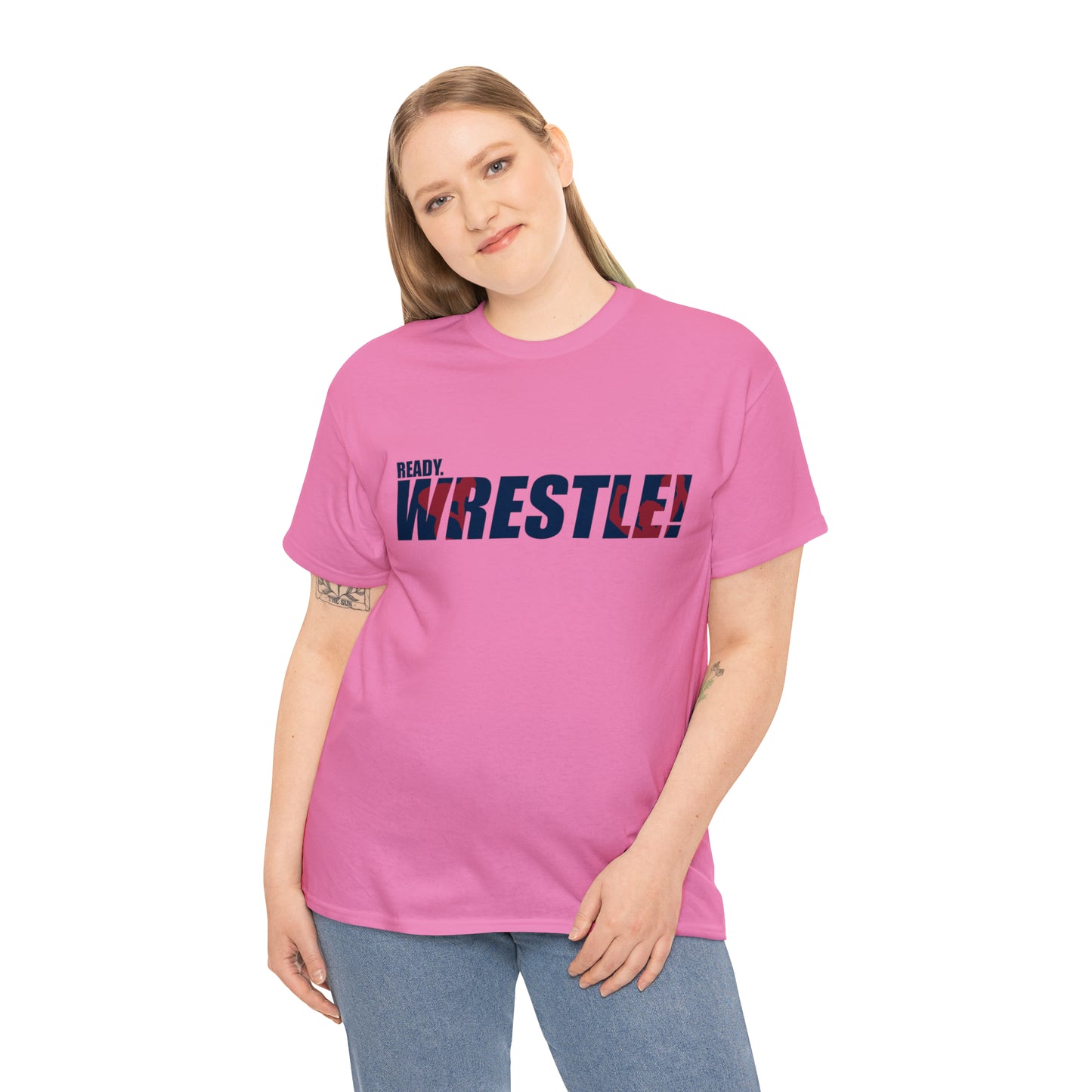 Ready. Wrestle! Navy Logo w/Red Silhouettes, Unisex Heavy Cotton Tee