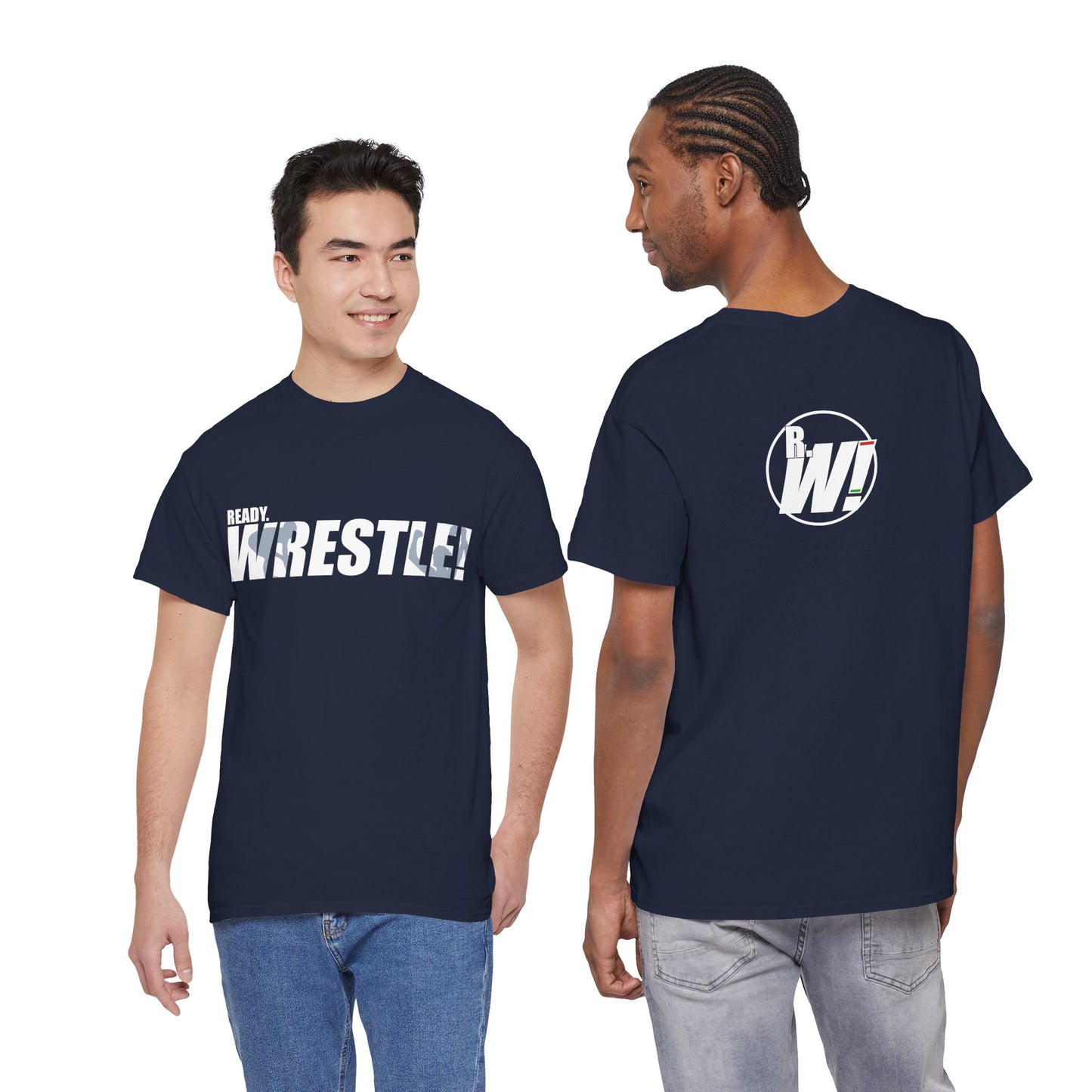 Ready. Wrestle! White Logo w/Blue Silhouettes, Unisex Heavy Cotton Tee