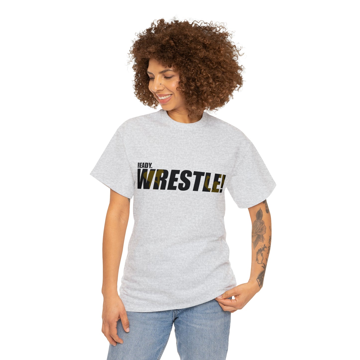 Ready. Wrestle! Black Logo w/Yellow Silhouettes, Unisex Heavy Cotton Tee