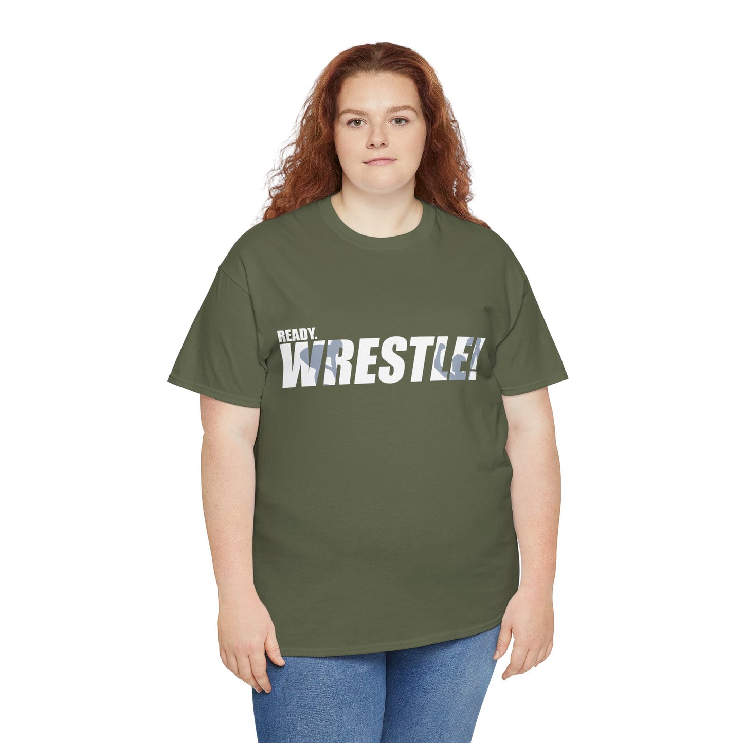 Ready. Wrestle! White Logo w/Blue Silhouettes, Unisex Heavy Cotton Tee