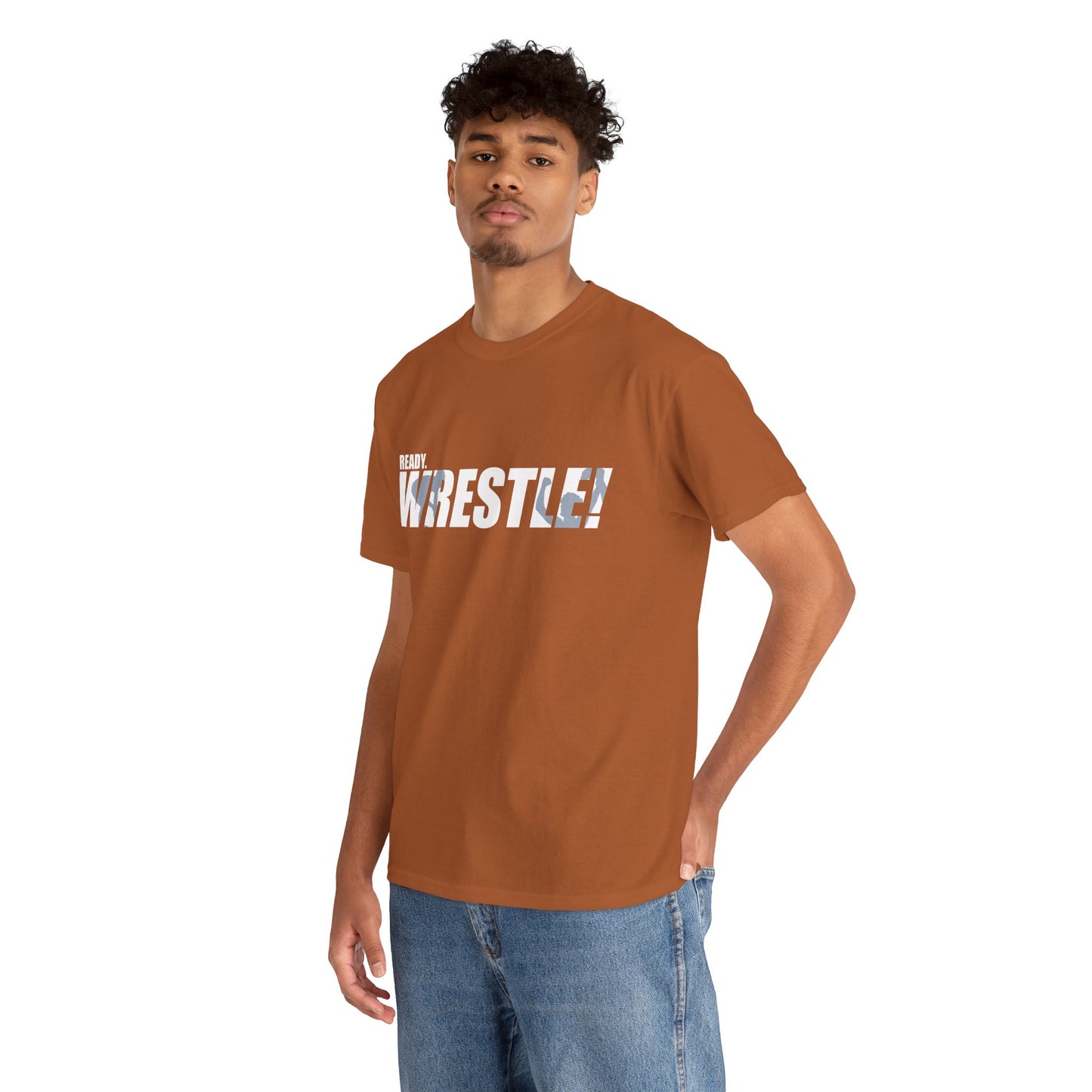 Ready. Wrestle! White Logo w/Blue Silhouettes, Unisex Heavy Cotton Tee