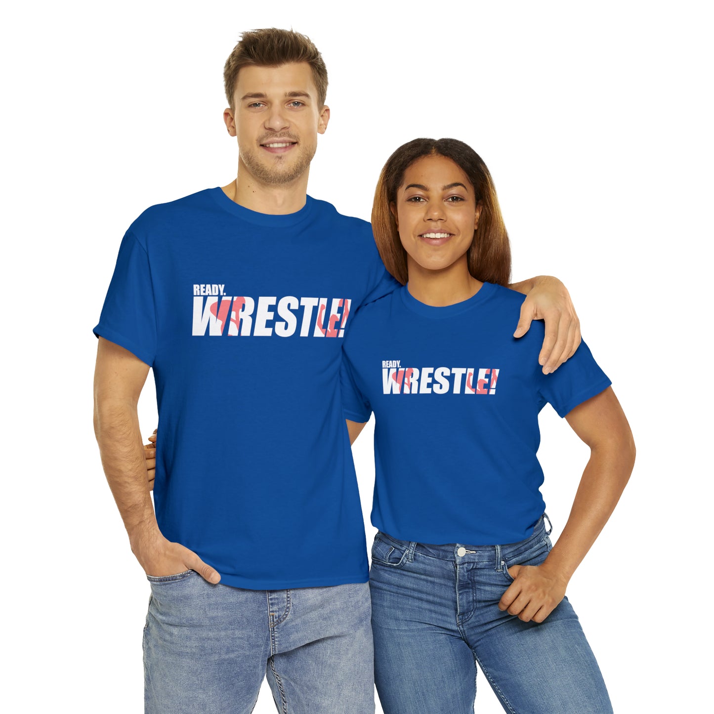 Ready. Wrestle! White Logo w/Red Silhouettes, Unisex Heavy Cotton Tee