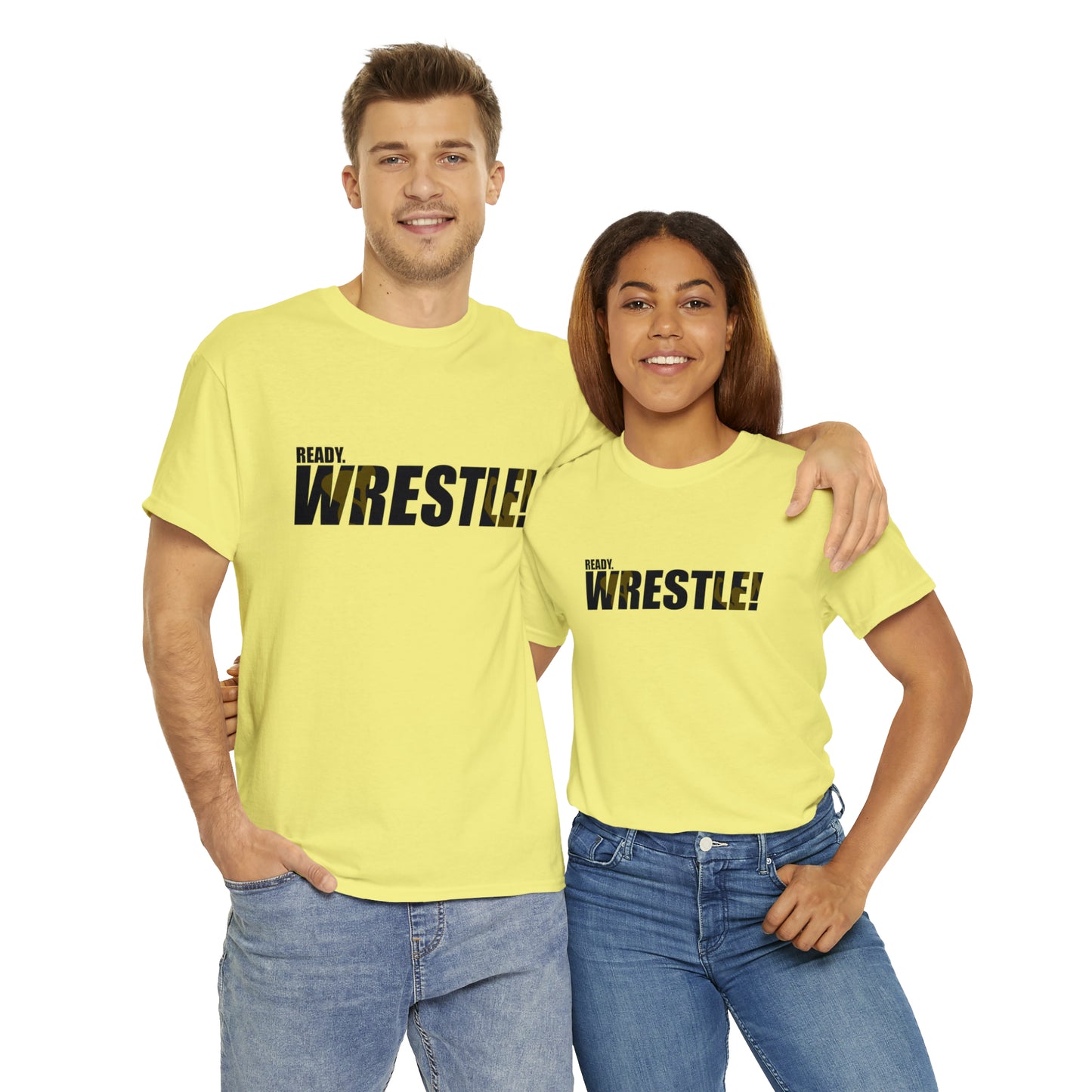 Ready. Wrestle! Black Logo w/Yellow Silhouettes, Unisex Heavy Cotton Tee