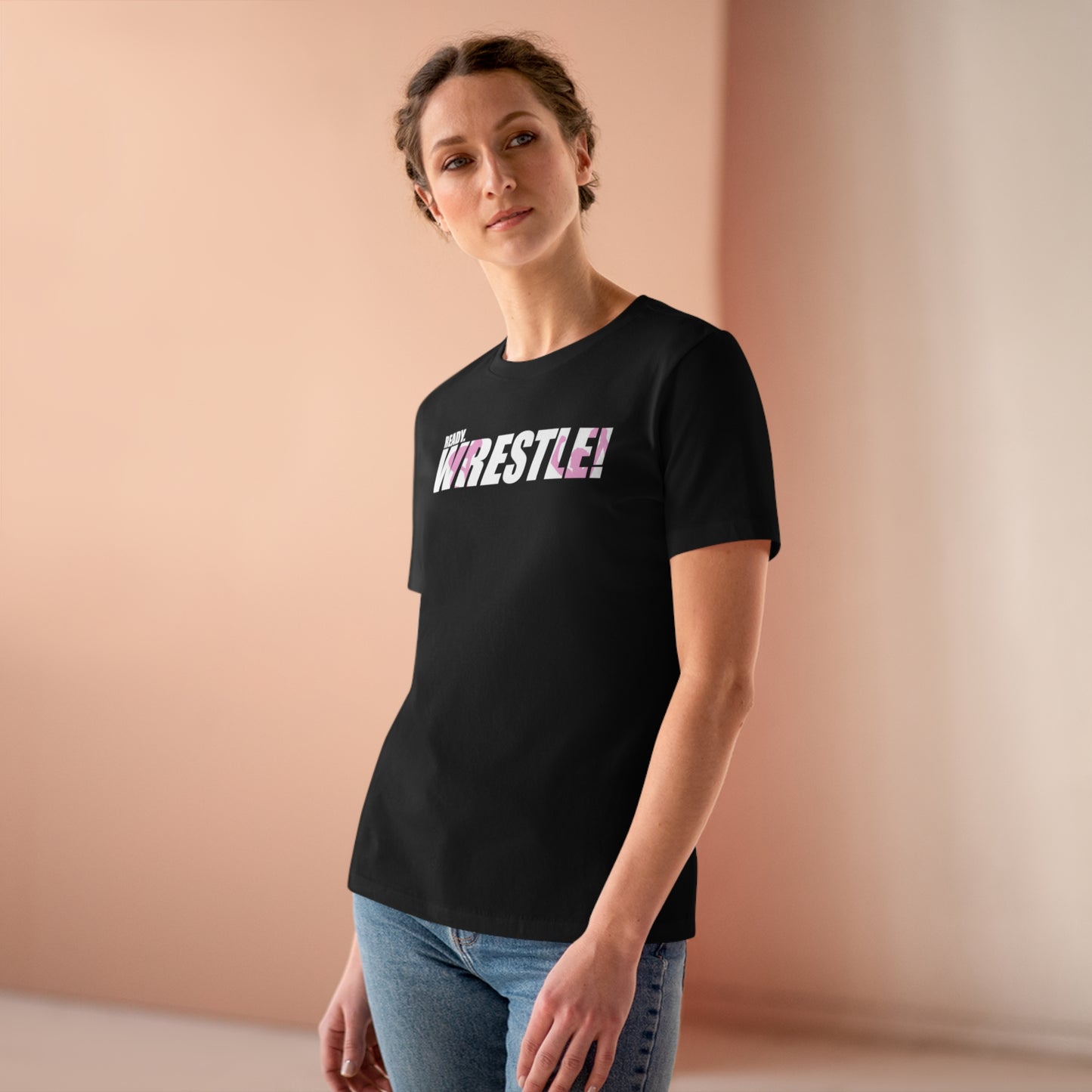 Ready. Wrestle! Women's Midweight Cotton Tee, White/Pink Logo