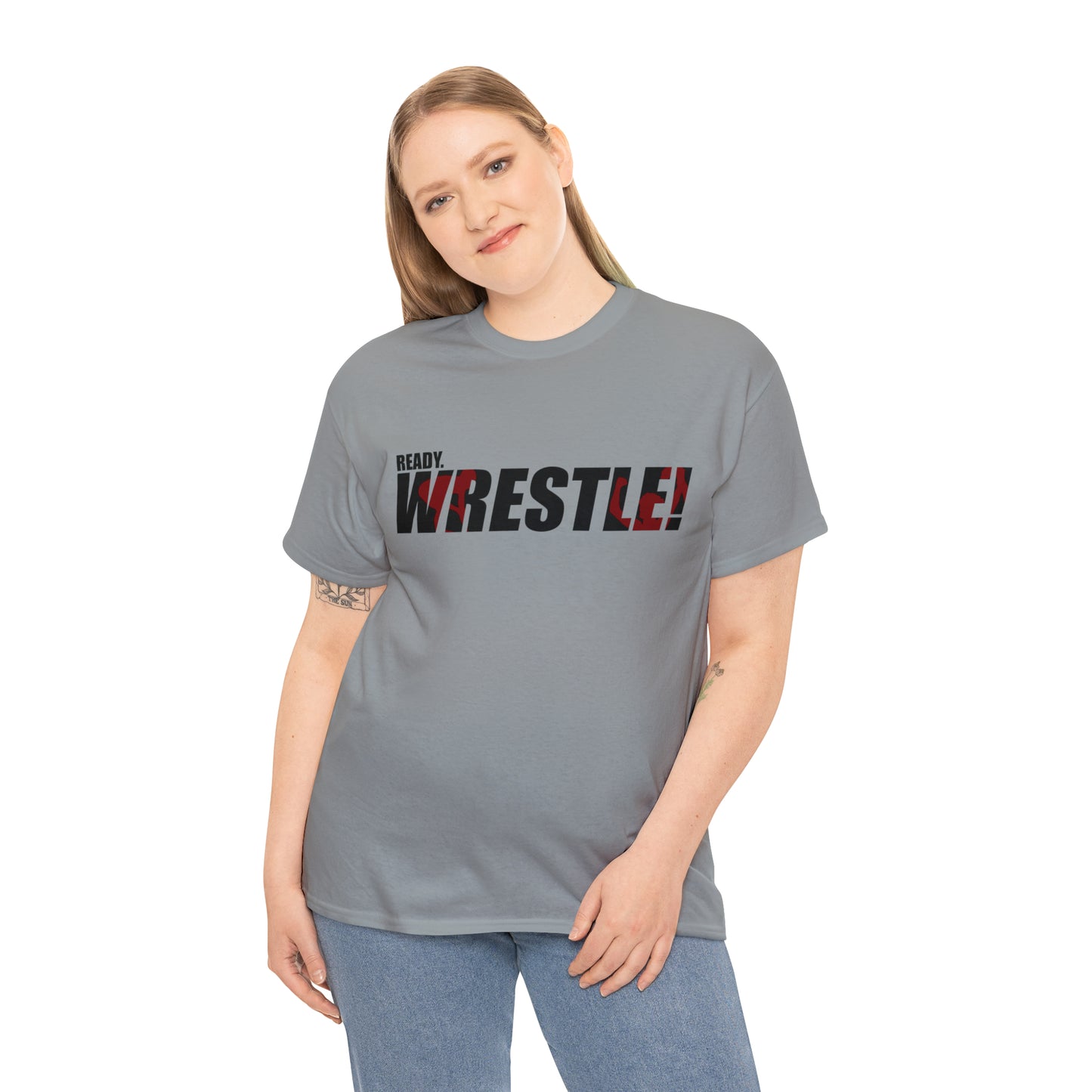 Ready. Wrestle! Black Logo w/Red Silhouettes, Unisex Heavy Cotton Tee