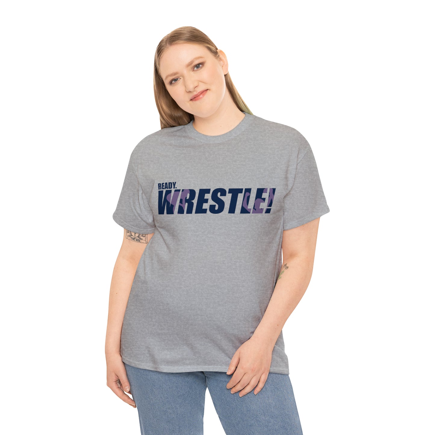 Ready. Wrestle! Navy Logo w/Pink Silhouettes, Unisex Heavy Cotton Tee