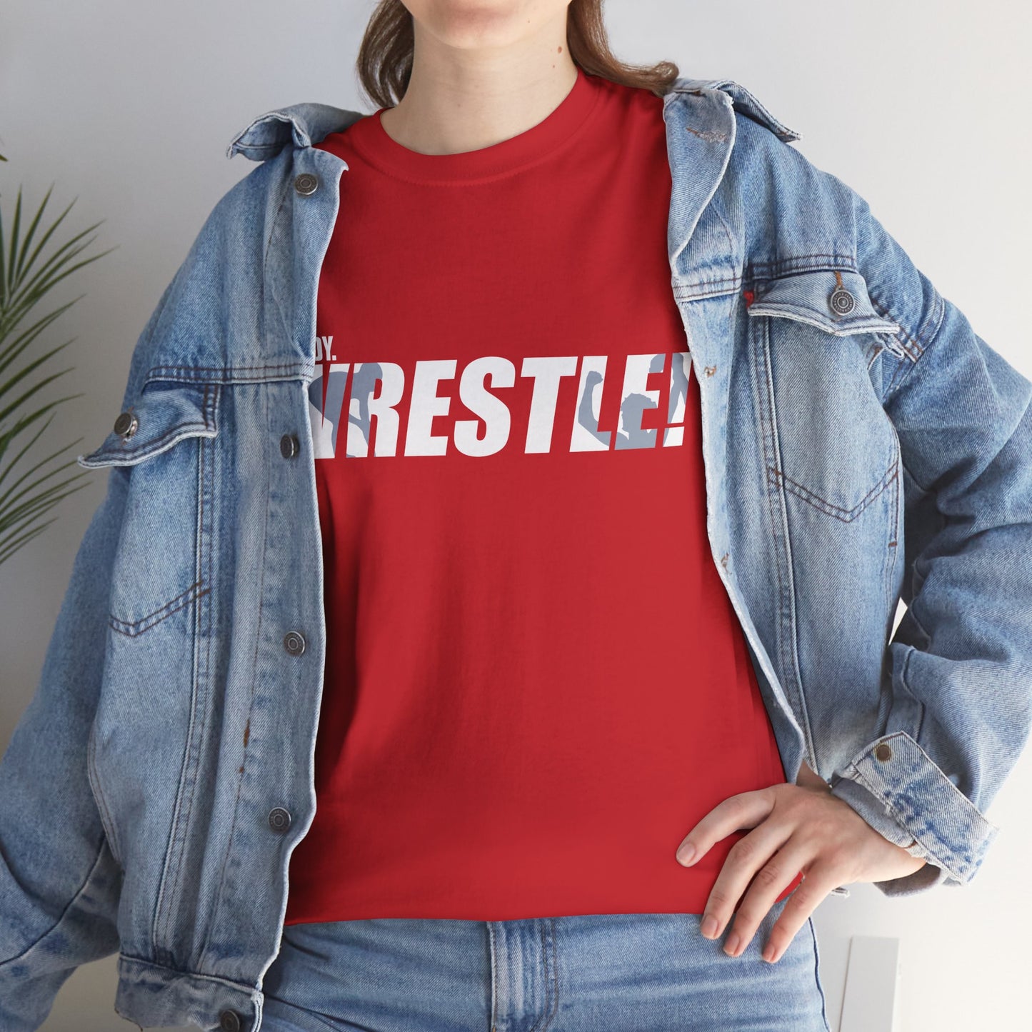 Ready. Wrestle! White Logo w/Blue Silhouettes, Unisex Heavy Cotton Tee