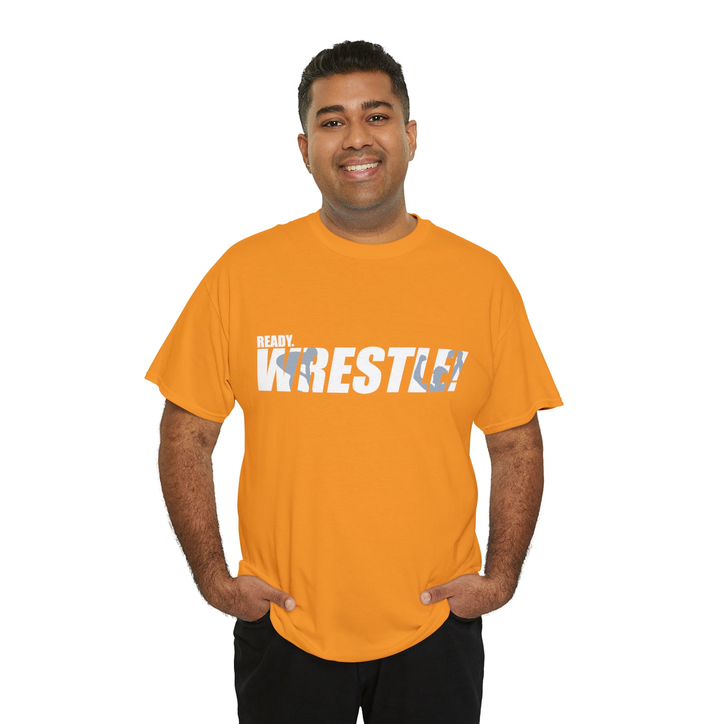 Ready. Wrestle! White Logo w/Blue Silhouettes, Unisex Heavy Cotton Tee