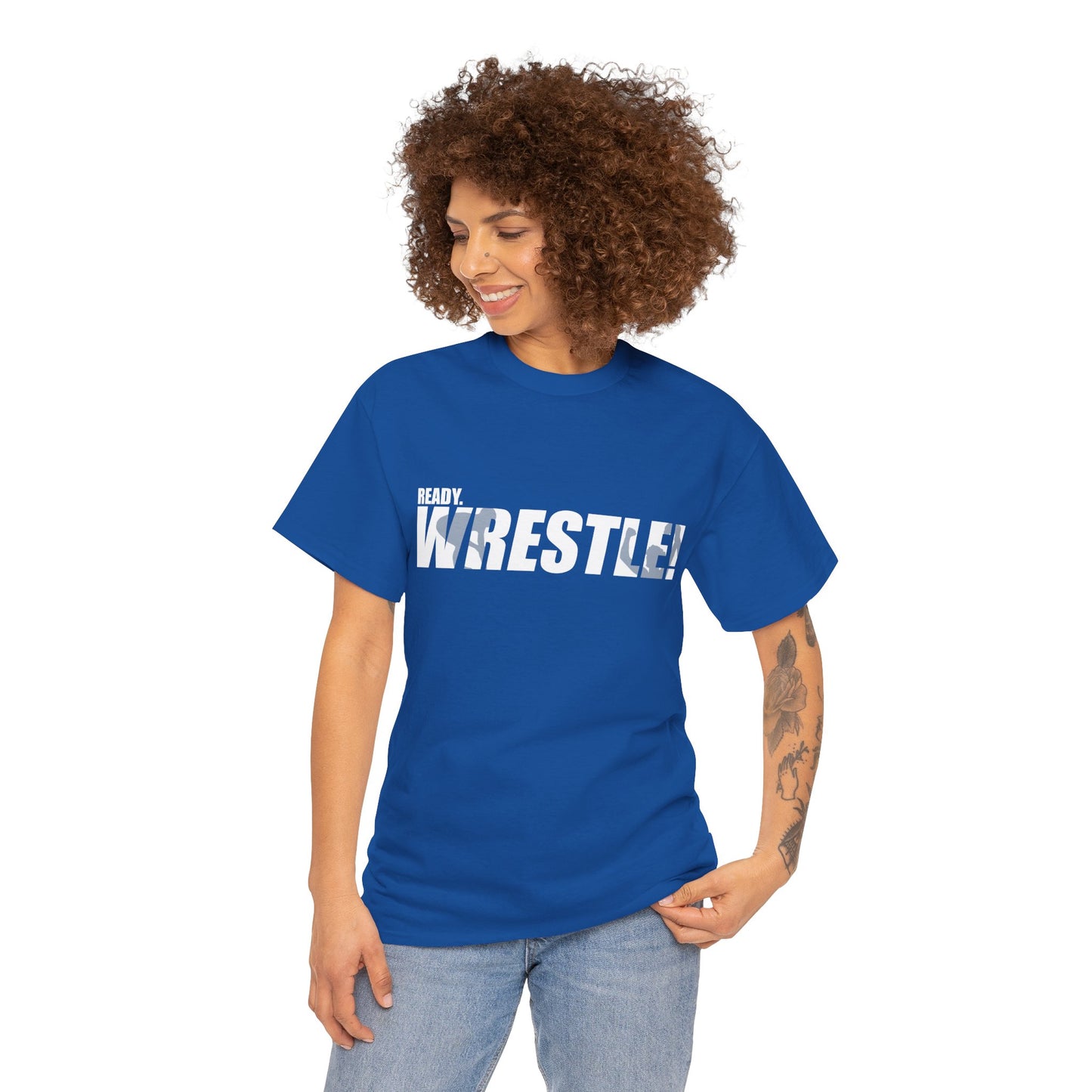 Ready. Wrestle! White Logo w/Blue Silhouettes, Unisex Heavy Cotton Tee