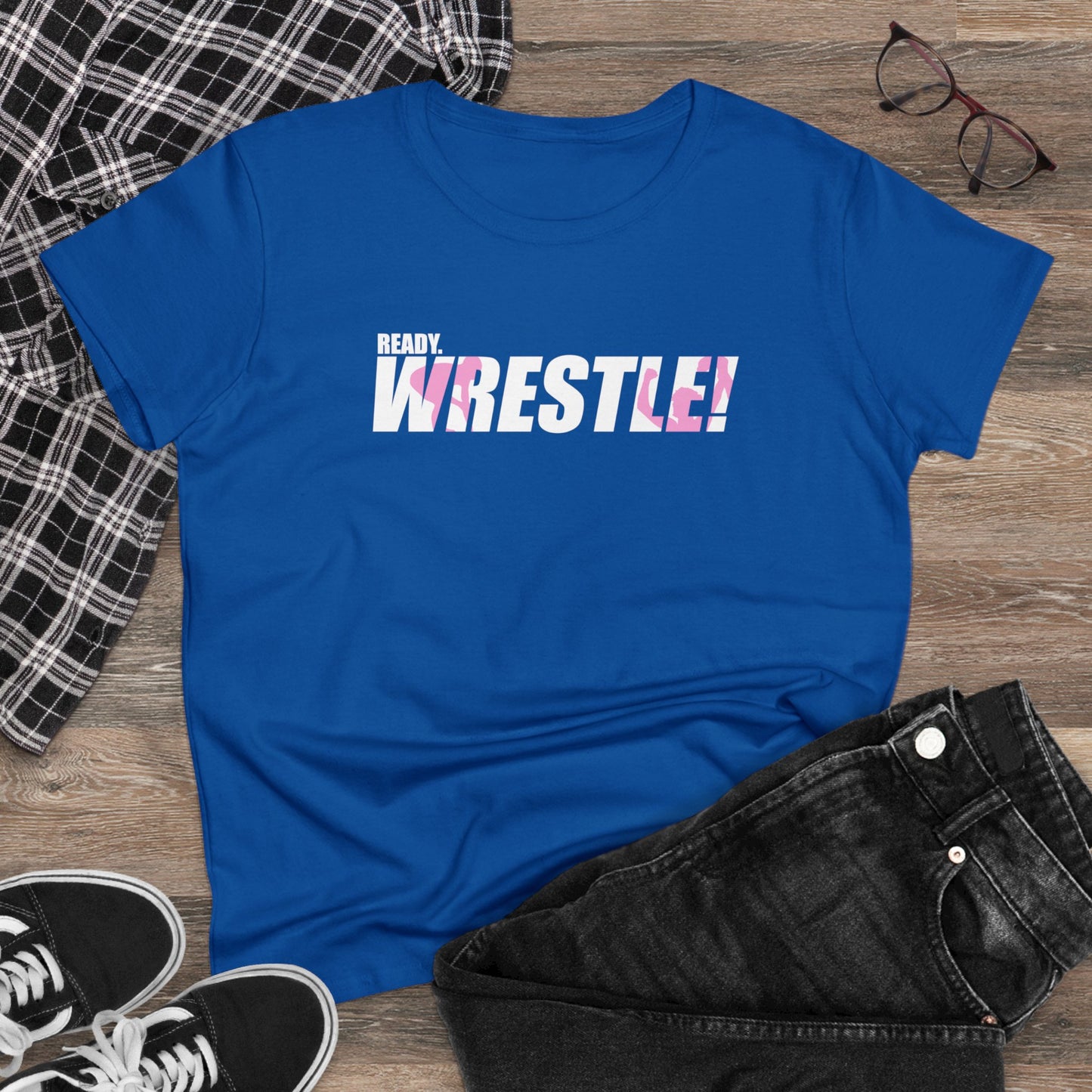 Ready. Wrestle! Women's Midweight Cotton Tee, White/Pink Logo