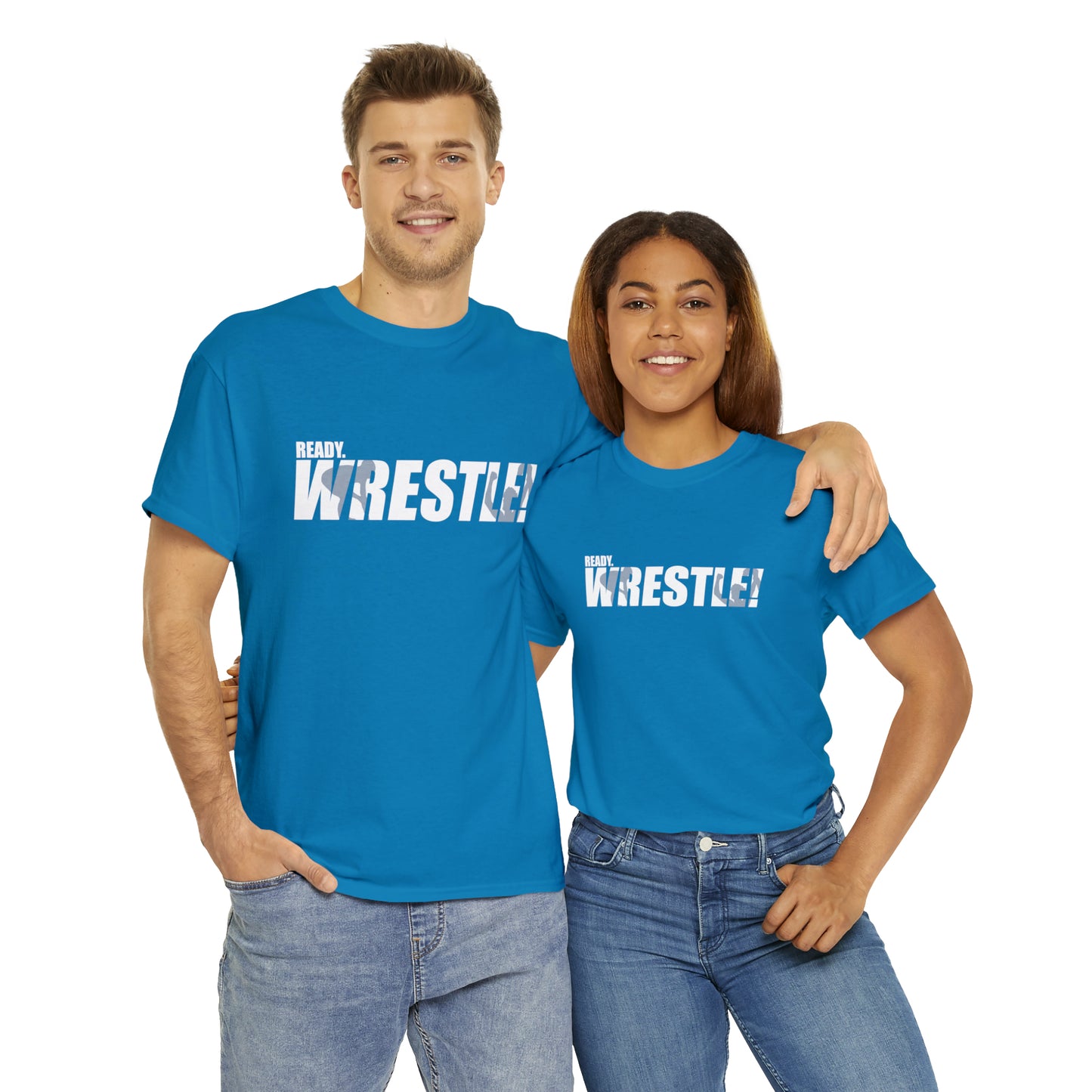 Ready. Wrestle! White Logo w/Blue Silhouettes, Unisex Heavy Cotton Tee