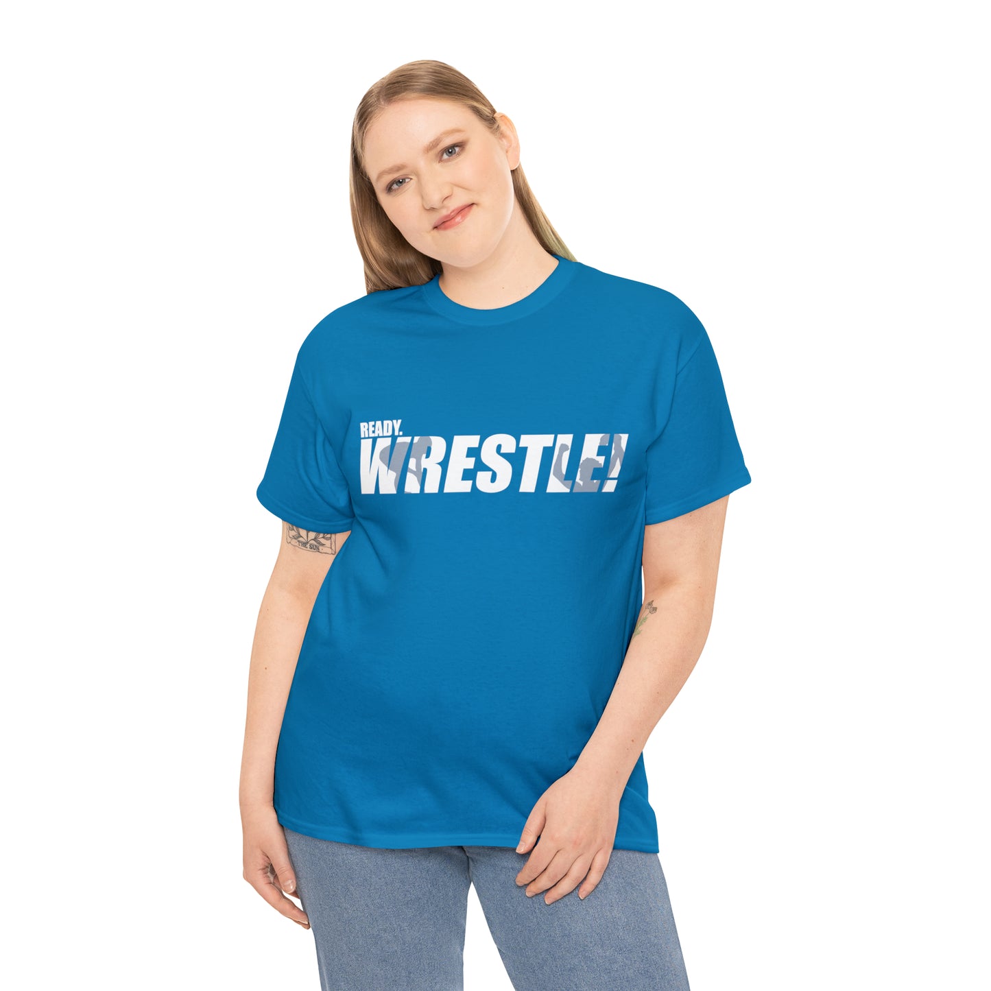 Ready. Wrestle! White Logo w/Blue Silhouettes, Unisex Heavy Cotton Tee